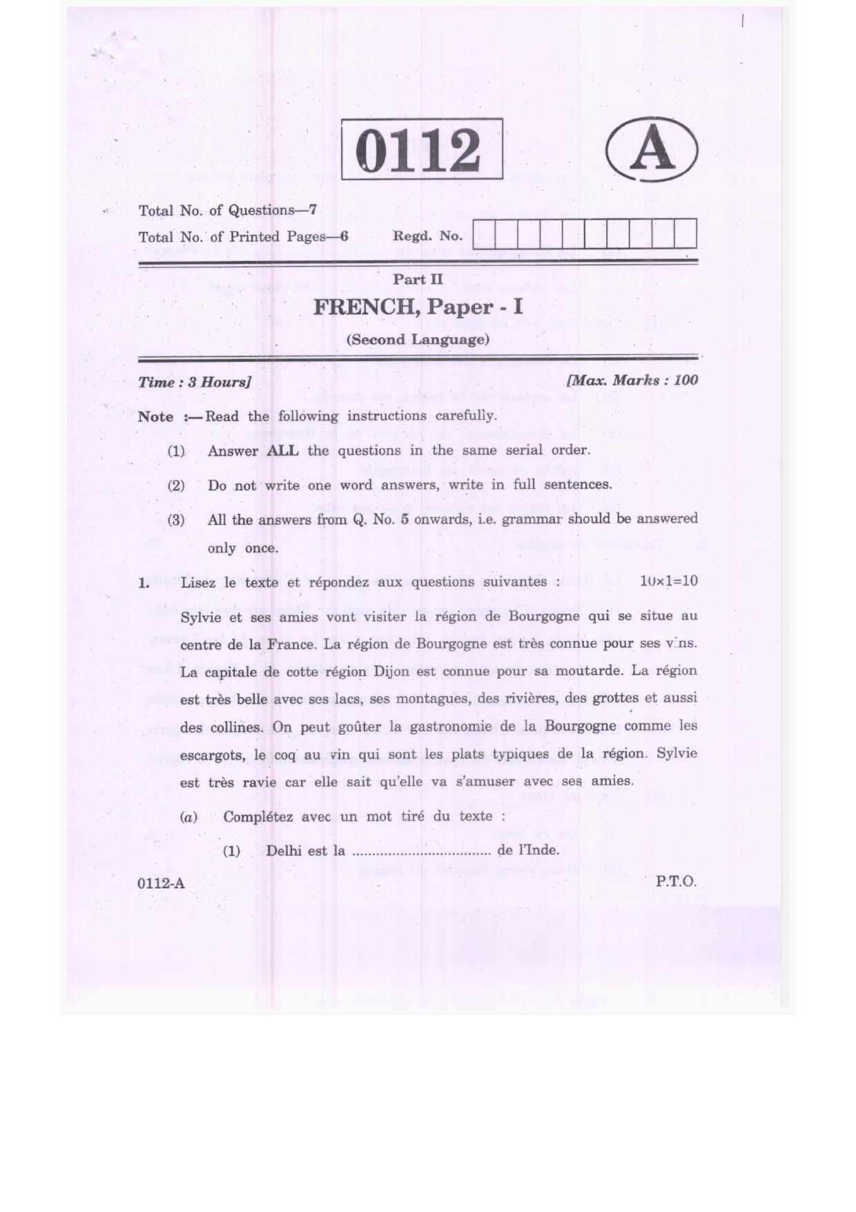 Ts intermediate 1st year french model paper 2023 indcareer docs