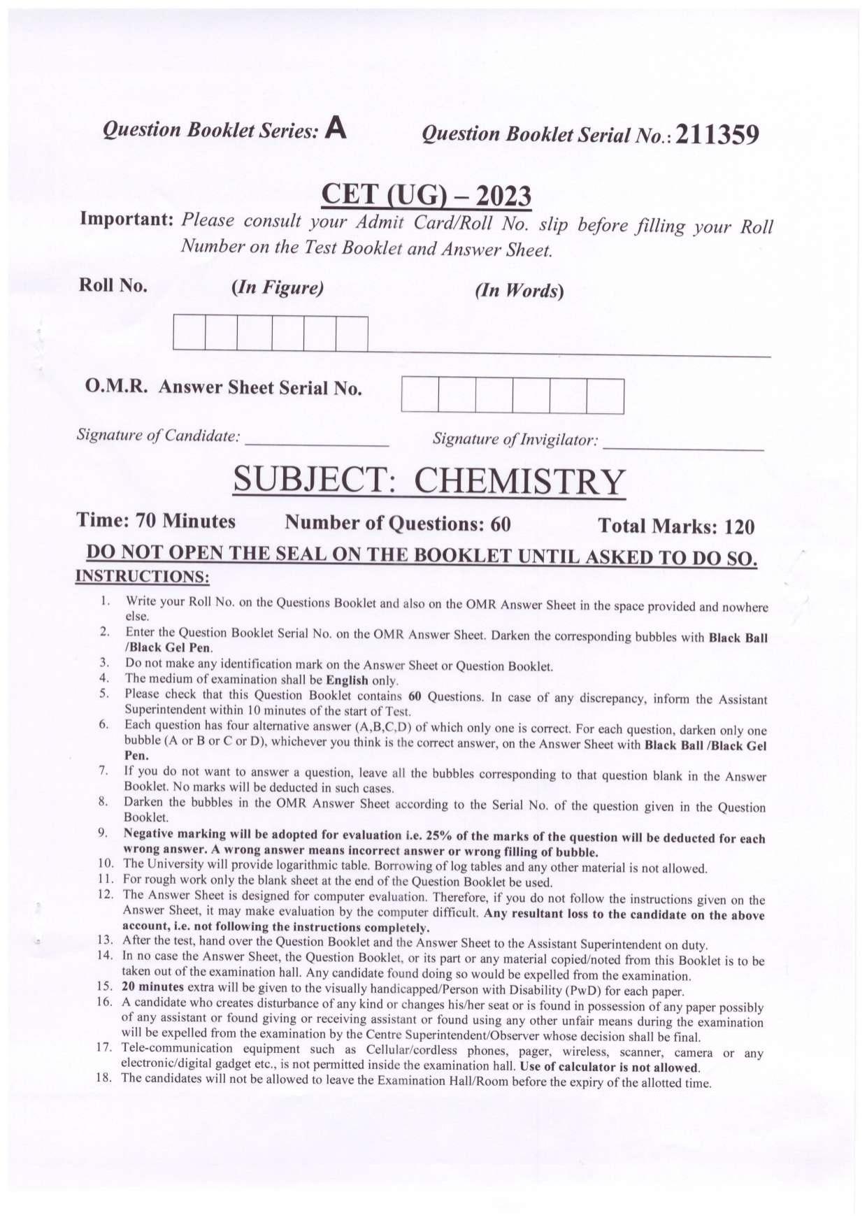 PUCET UG 2023 Chemistry Question Paper - Page 1