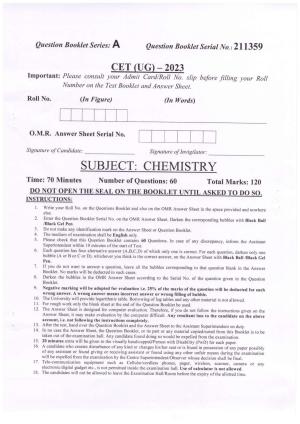 PUCET UG 2023 Chemistry Question Paper