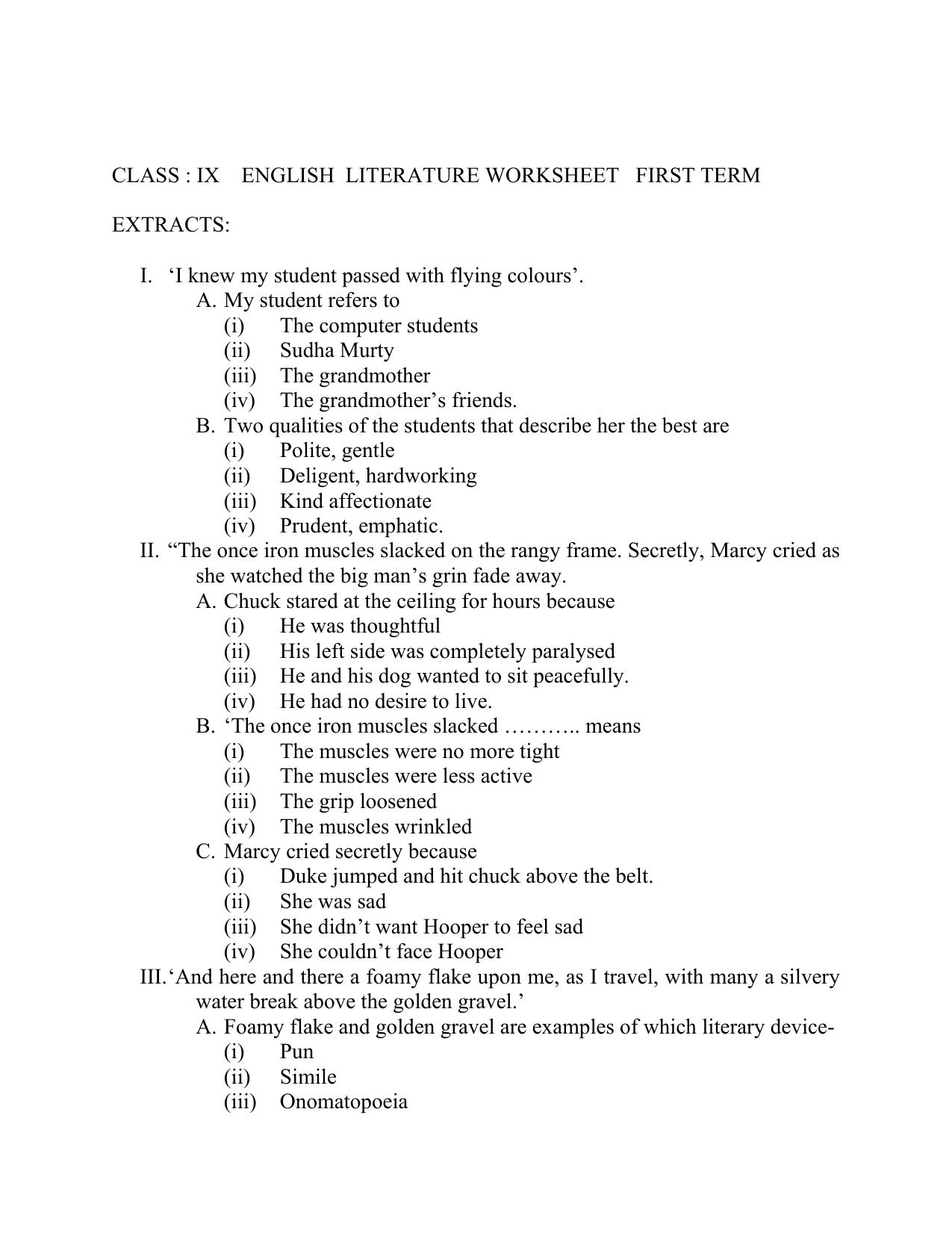 CBSE Worksheets for Class 9 English Extracts Assignment - Page 1