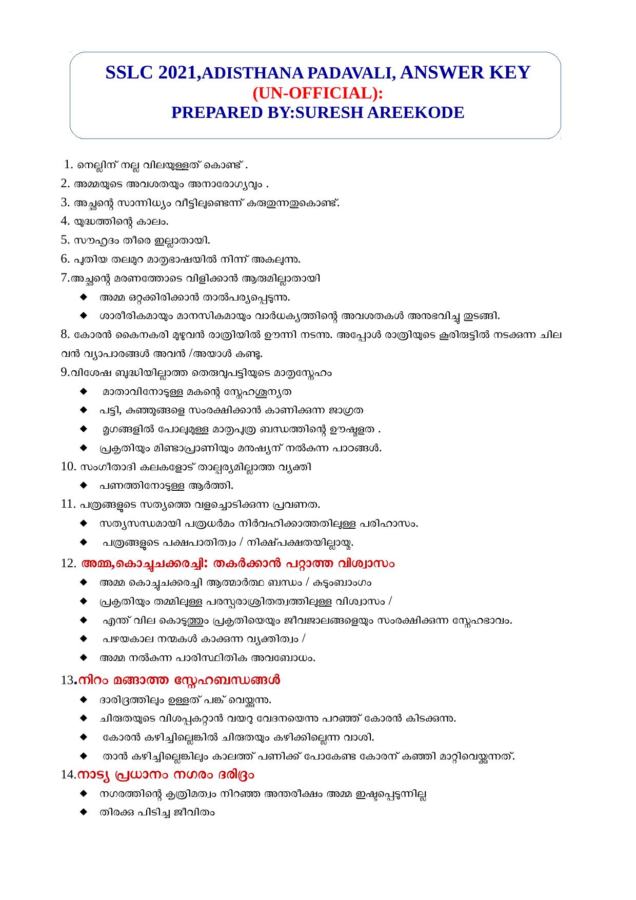 Kerala SSLC 2021 Malayalam II Answer Key - Page 1