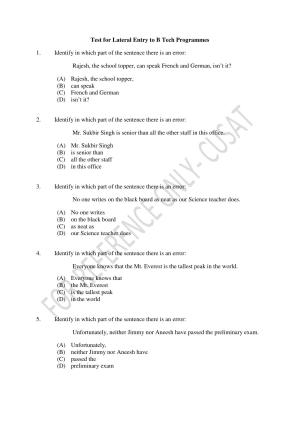 CUSAT CAT 2022 Test for Lateral Entry to B Tech Programmes Second Shift Question Paper