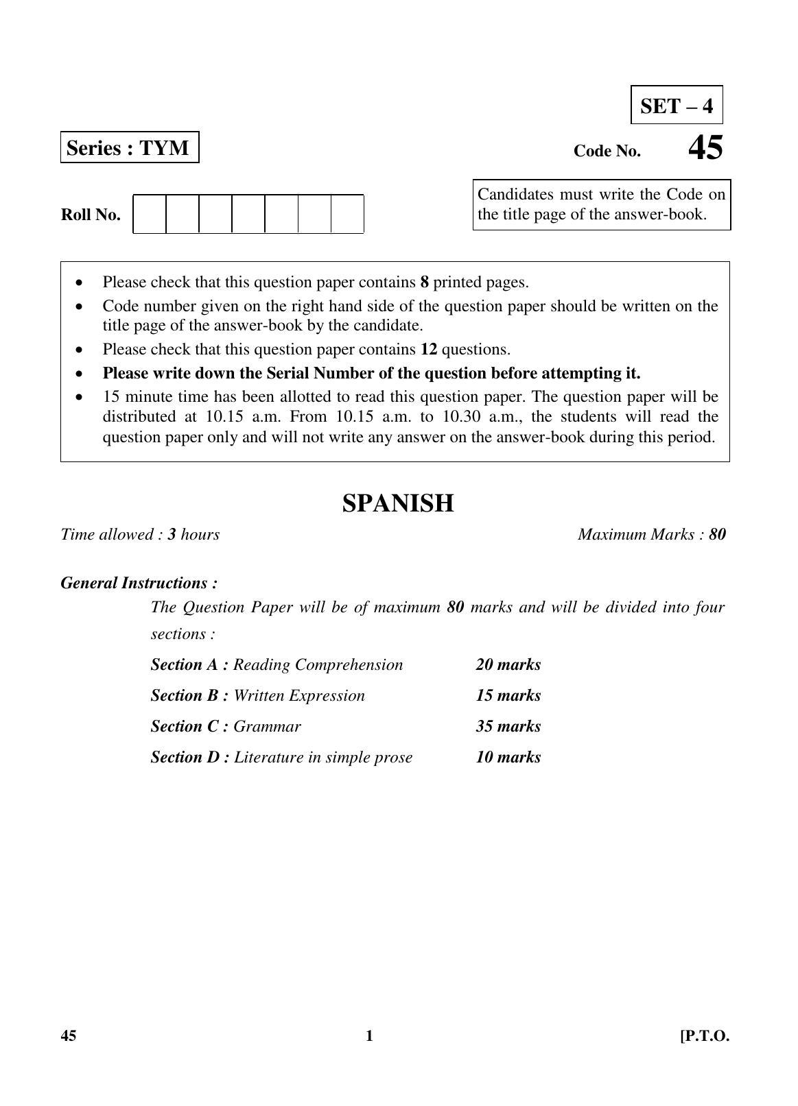CBSE Class 10 45 (Spanish) 2018 Question Paper - Page 1