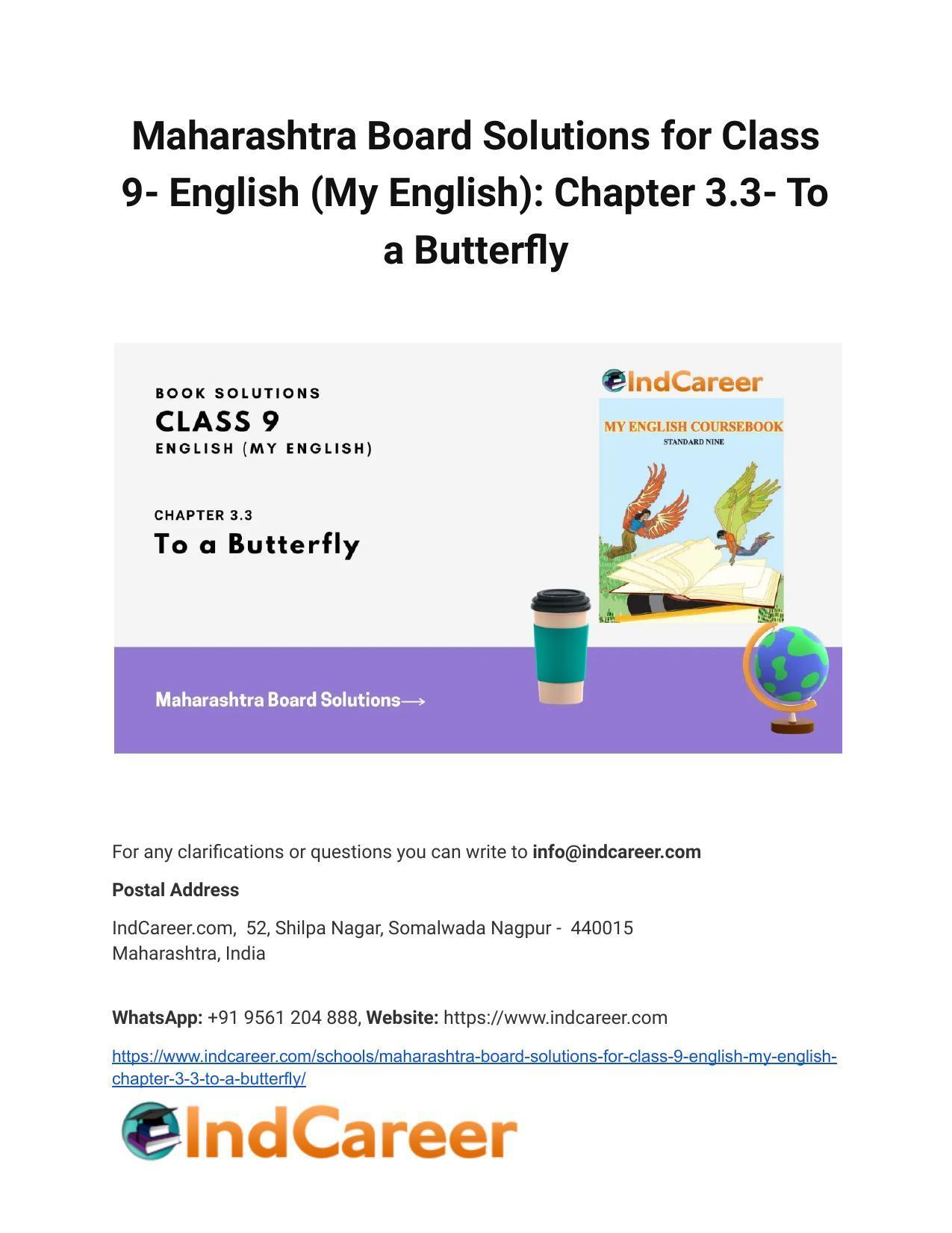 Maharashtra Board Solutions for Class 9- English (My English): Chapter 3.3- To a Butterfly - Page 1