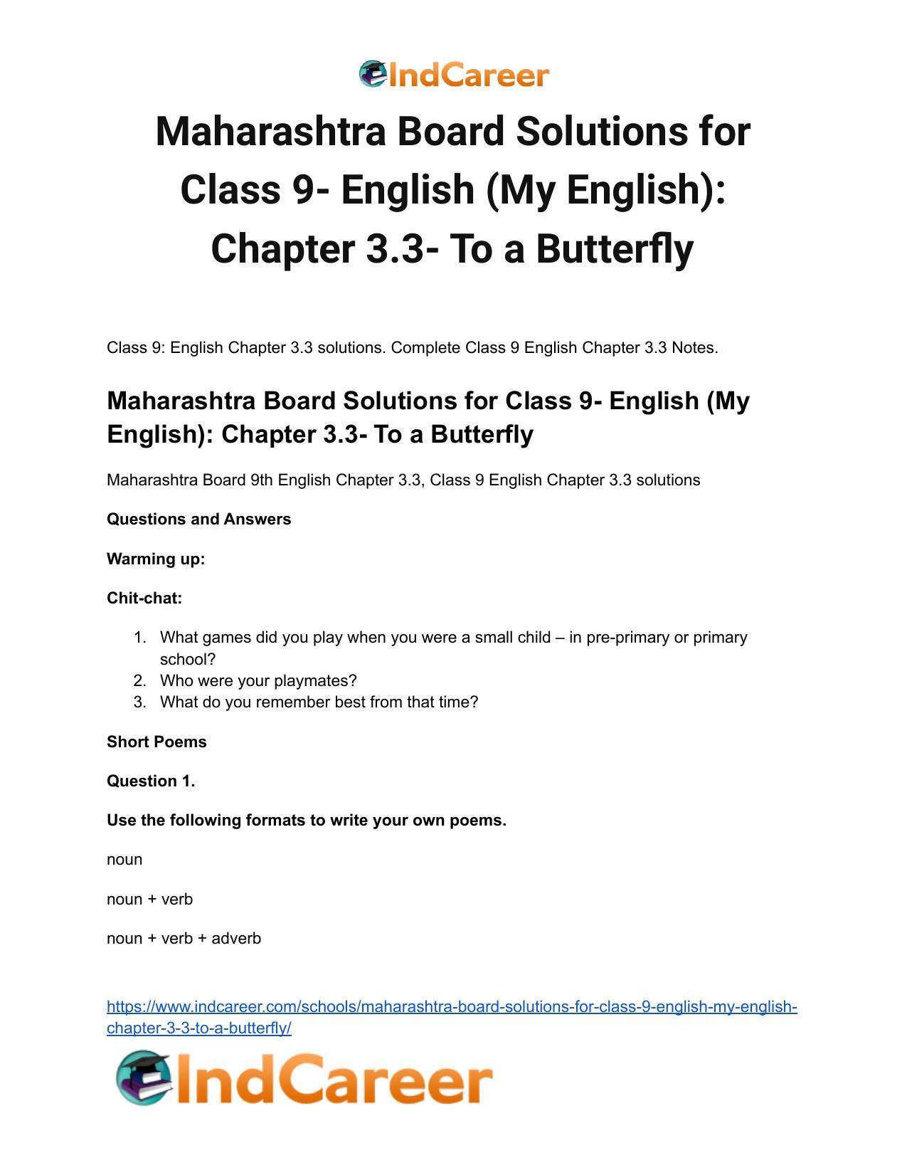 Maharashtra Board Solutions for Class 9- English (My English): Chapter 3.3- To a Butterfly - Page 2