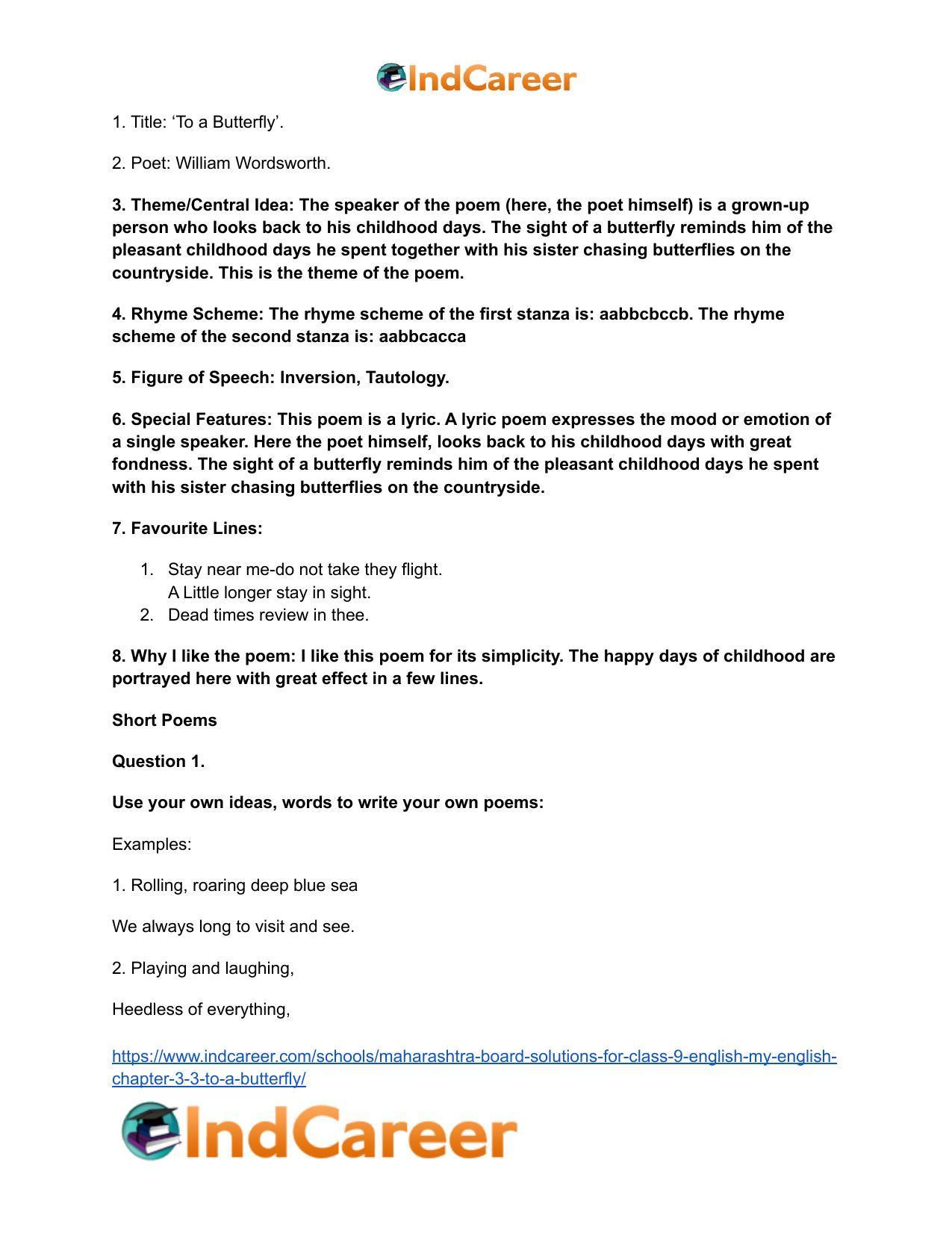 Maharashtra Board Solutions for Class 9- English (My English): Chapter 3.3- To a Butterfly - Page 7