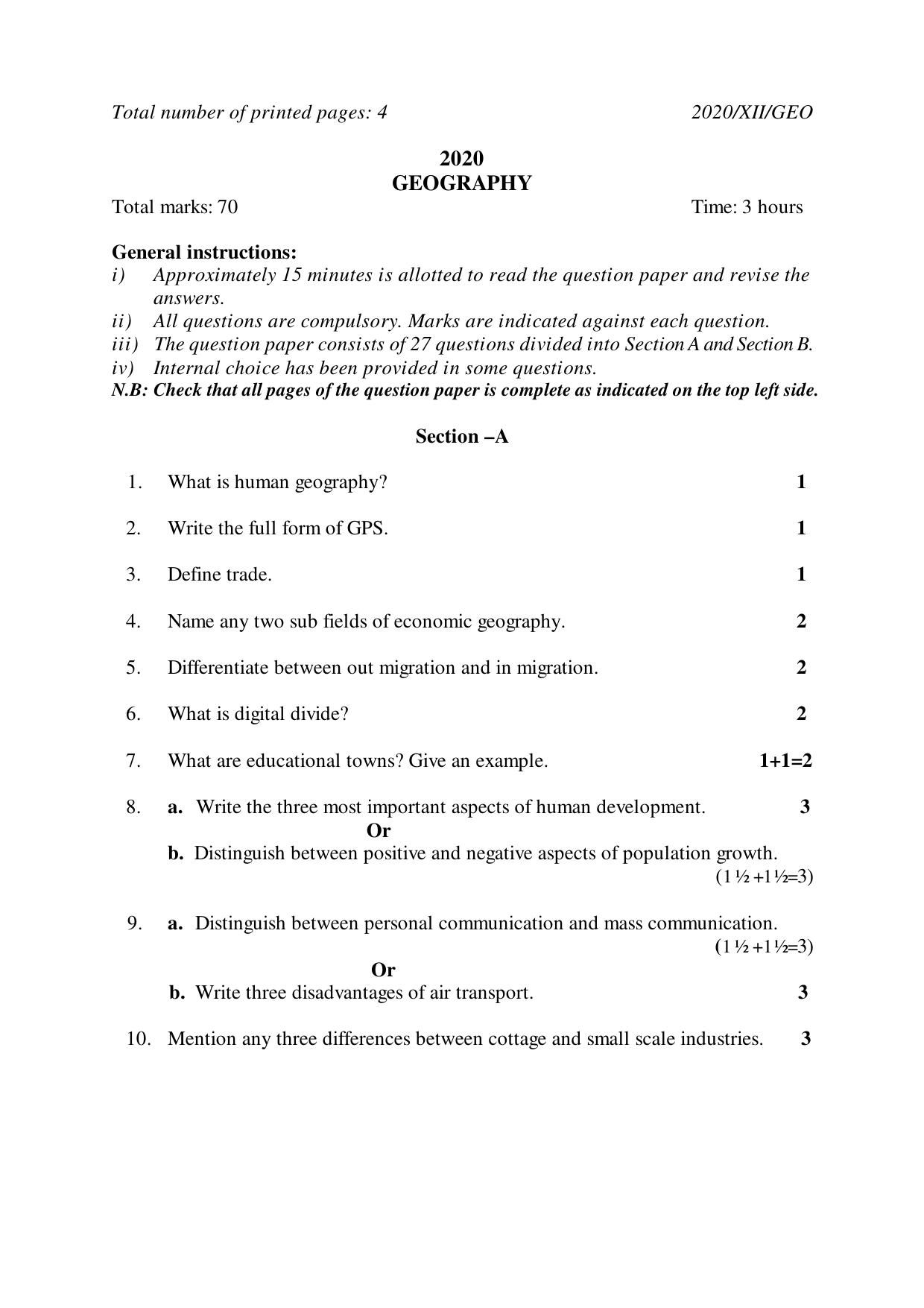 Nagaland Board Class 12 GEOGRAPHY 2020 Question Papers - Page 1
