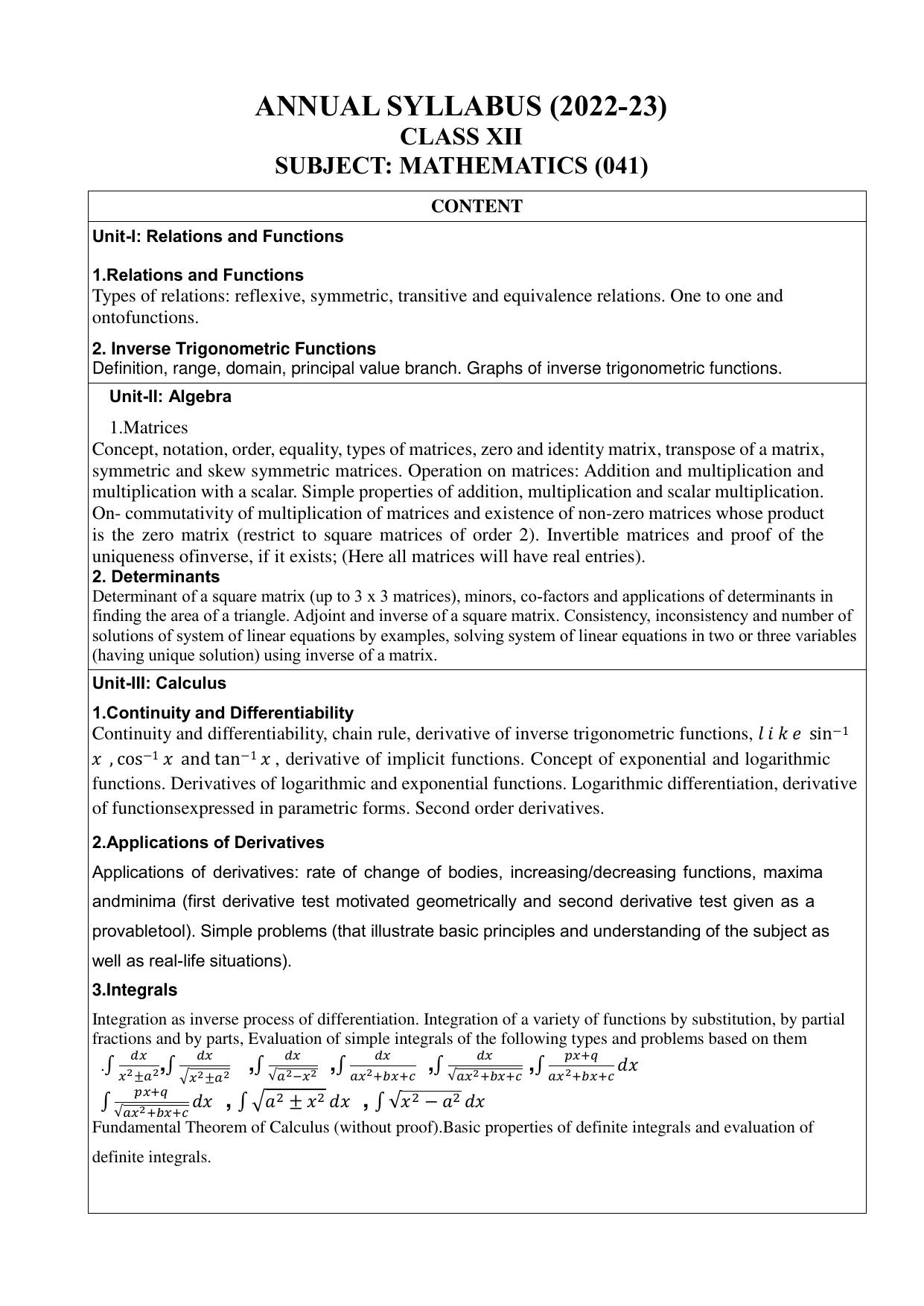 Edudel Class 12 Maths Syllabus - Page 1