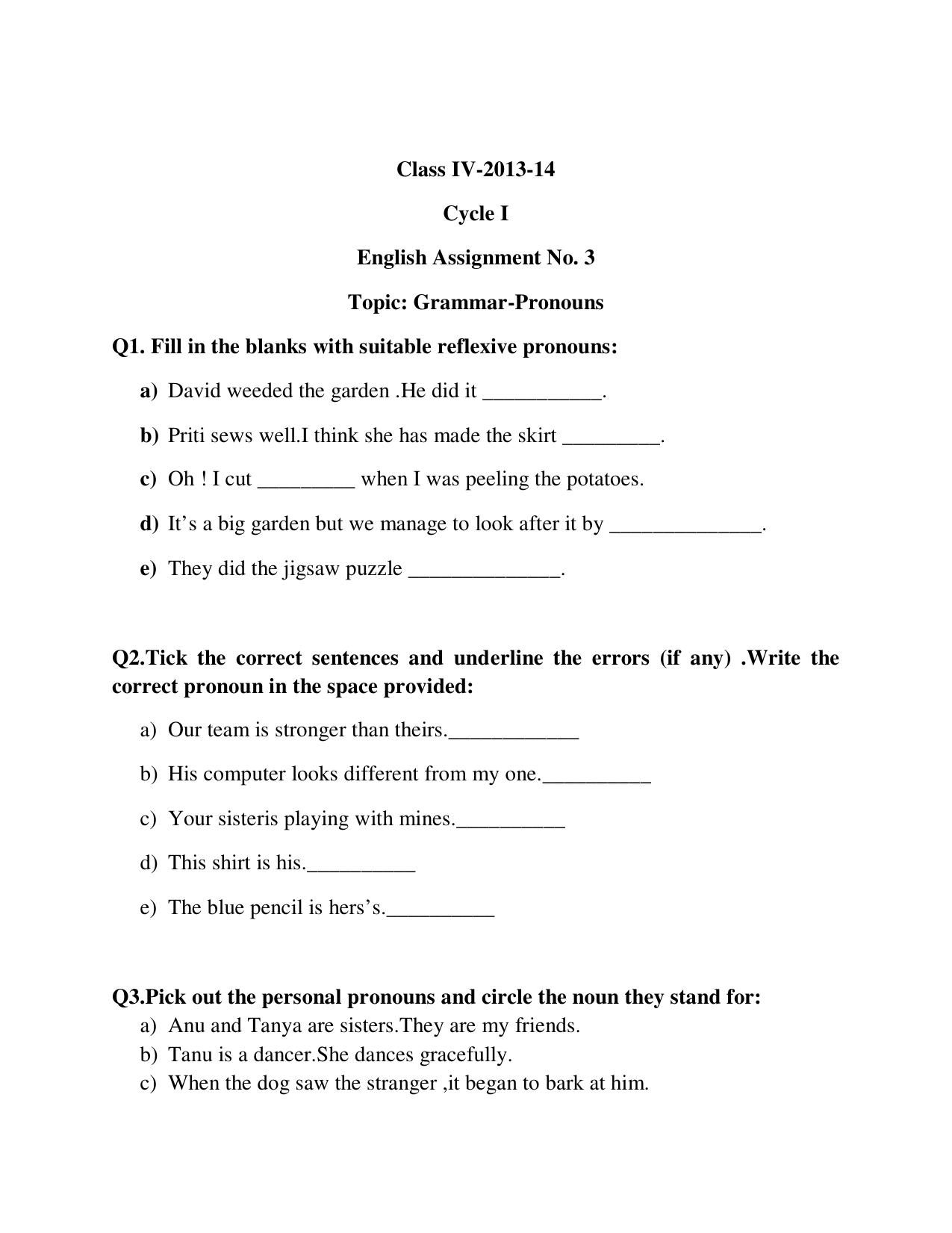Worksheet for Class 4 English Assignment 15 - Page 1