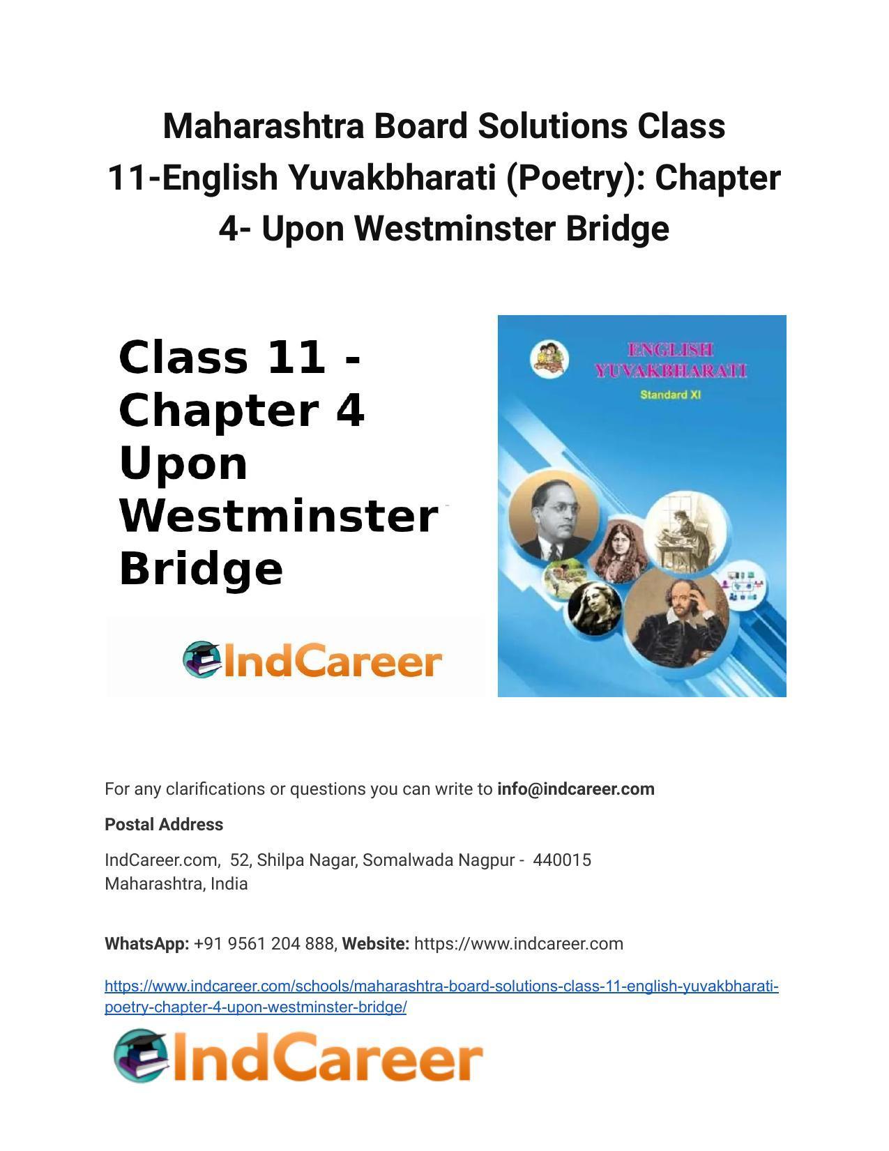 Maharashtra Board Solutions Class 11-English Yuvakbharati (Poetry): Chapter 4- Upon Westminster Bridge - Page 1