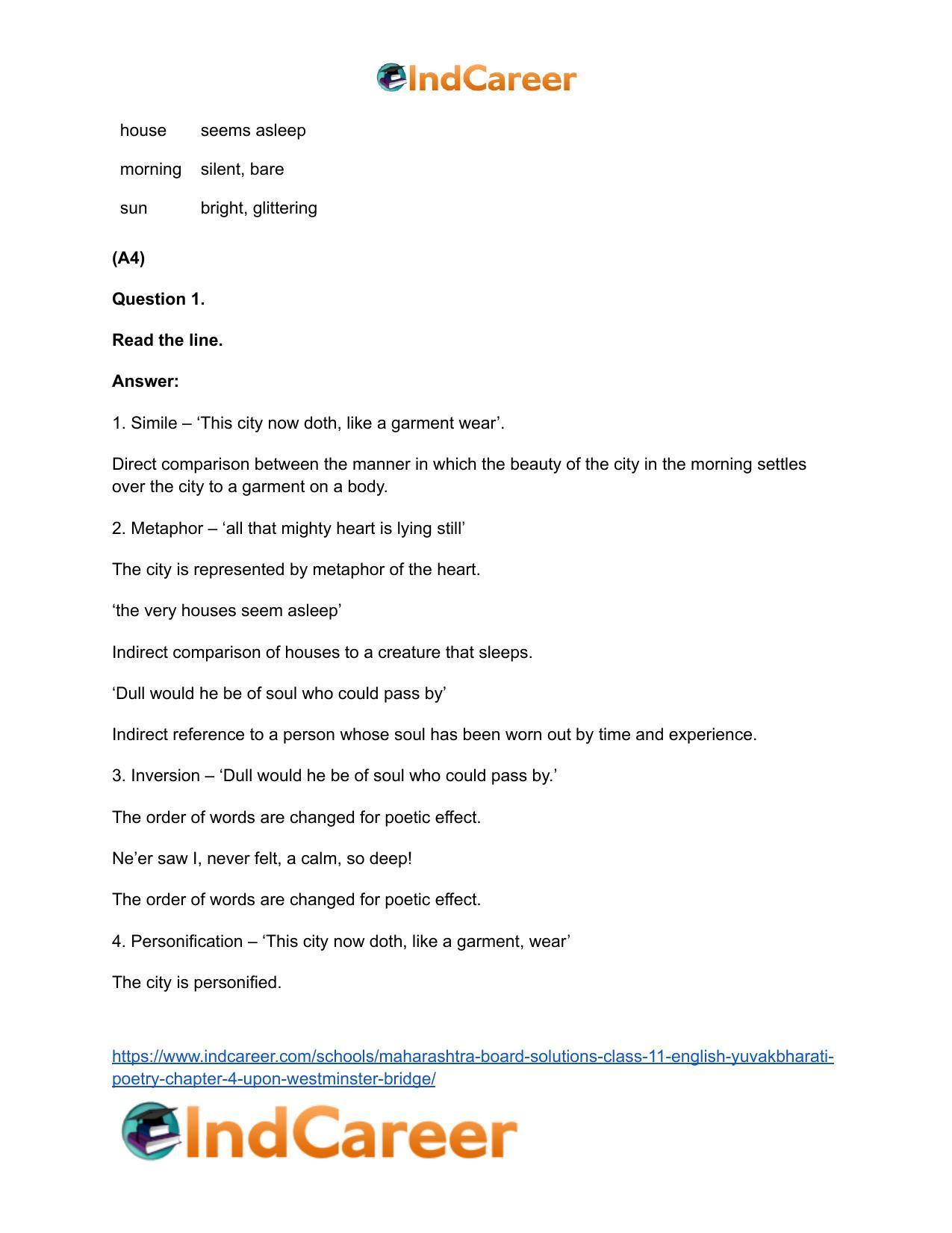 Maharashtra Board Solutions Class 11-English Yuvakbharati (Poetry): Chapter 4- Upon Westminster Bridge - Page 8