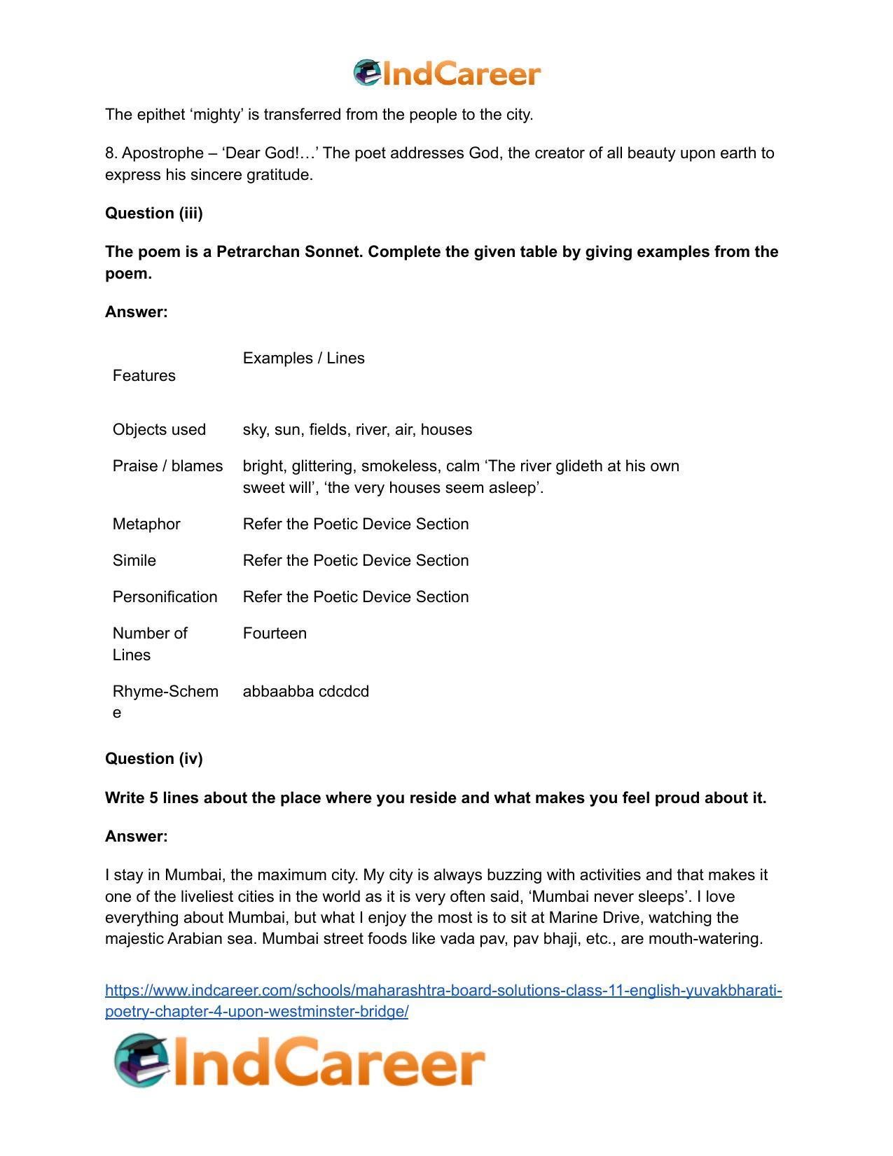Maharashtra Board Solutions Class 11-English Yuvakbharati (Poetry): Chapter 4- Upon Westminster Bridge - Page 10