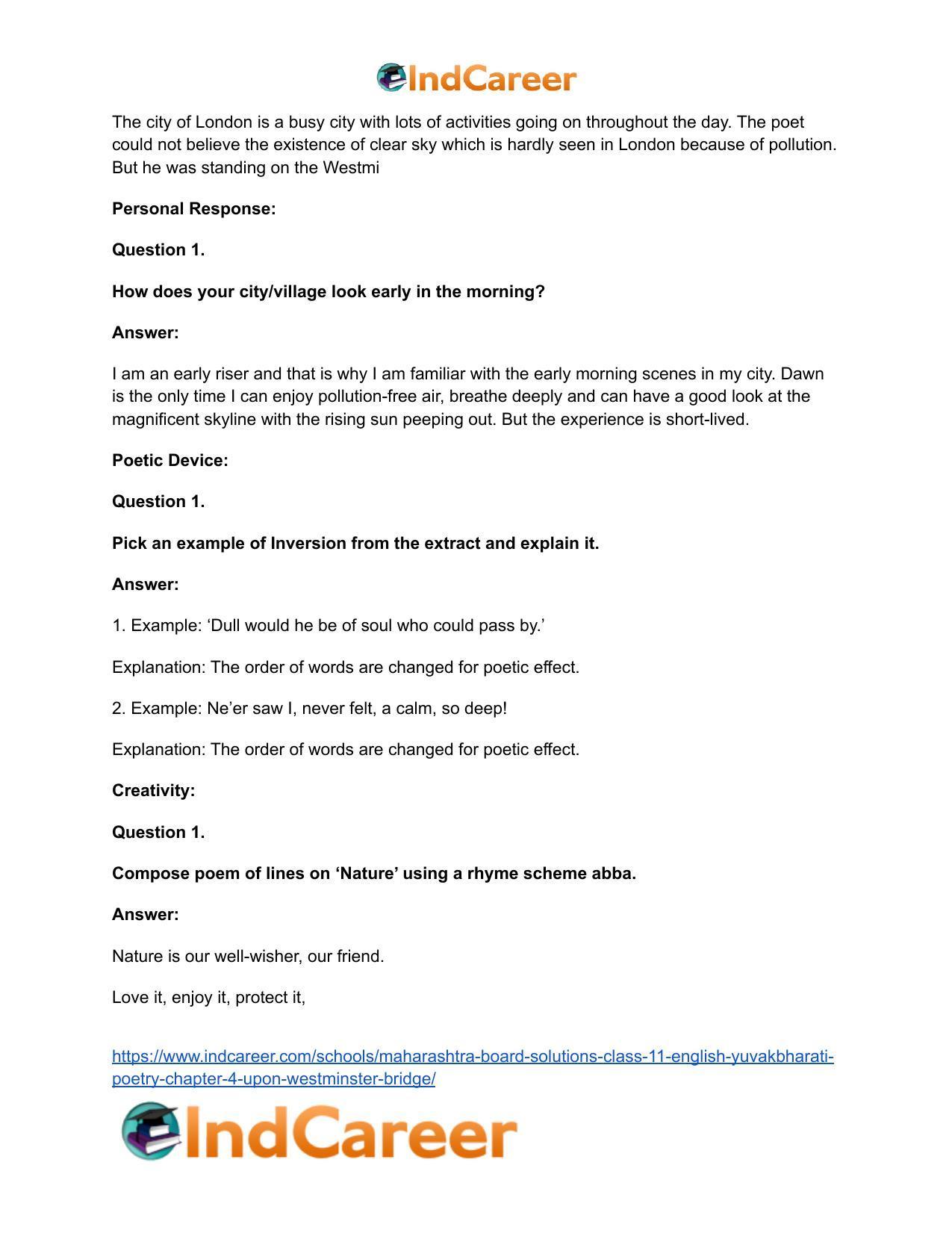 Maharashtra Board Solutions Class 11-English Yuvakbharati (Poetry): Chapter 4- Upon Westminster Bridge - Page 17