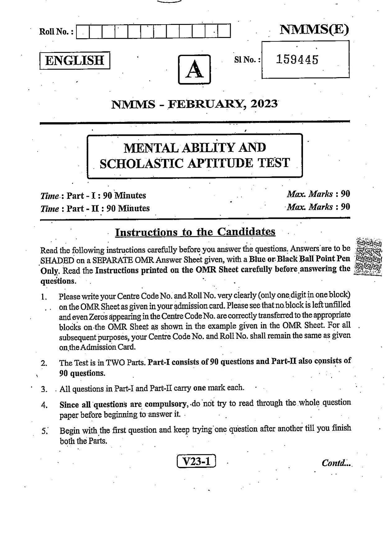 NMMS Question Papers FEBRUARY 2023 (English Medium) - Page 1
