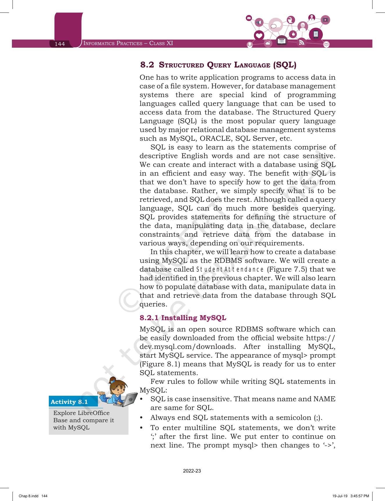 NCERT Book for Class 11 Informatics Practices Chapter 8 Introduction to Structured Query Language (SQL) - Page 2