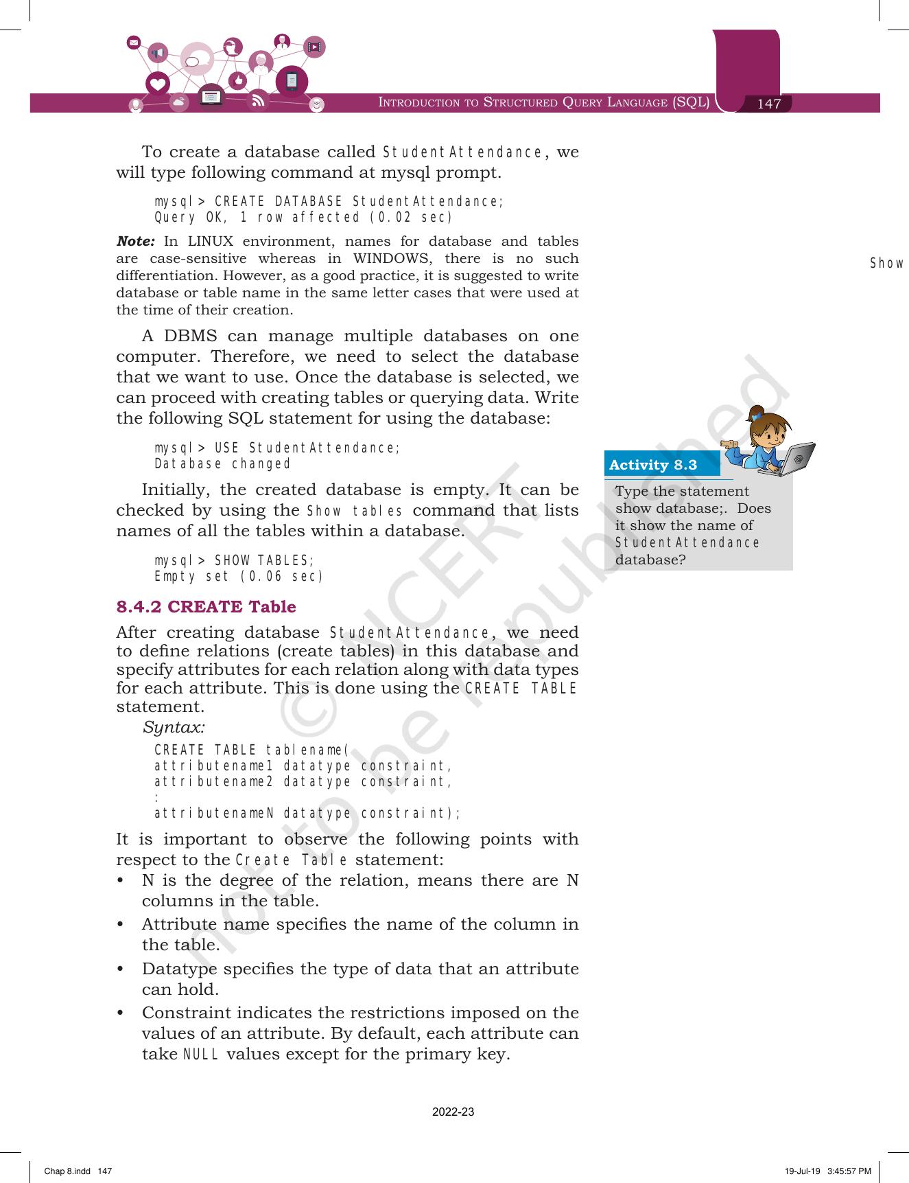 NCERT Book for Class 11 Informatics Practices Chapter 8 Introduction to Structured Query Language (SQL) - Page 5