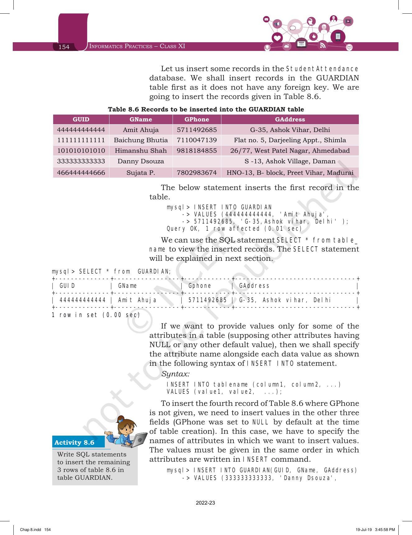 NCERT Book for Class 11 Informatics Practices Chapter 8 Introduction to Structured Query Language (SQL) - Page 12