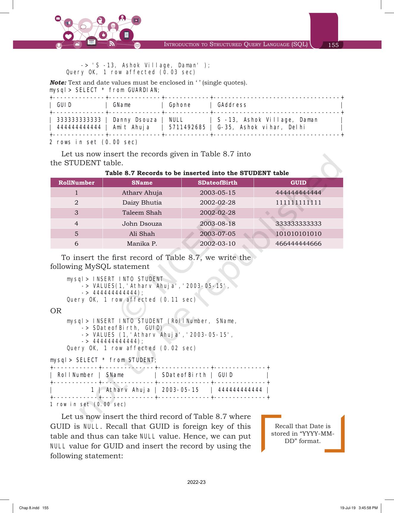 NCERT Book for Class 11 Informatics Practices Chapter 8 Introduction to Structured Query Language (SQL) - Page 13