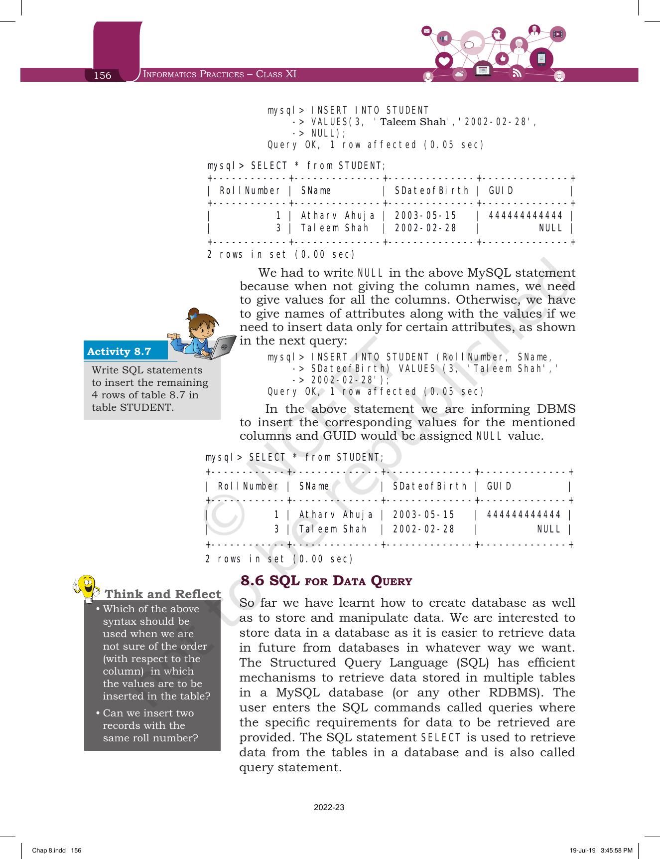 NCERT Book for Class 11 Informatics Practices Chapter 8 Introduction to Structured Query Language (SQL) - Page 14