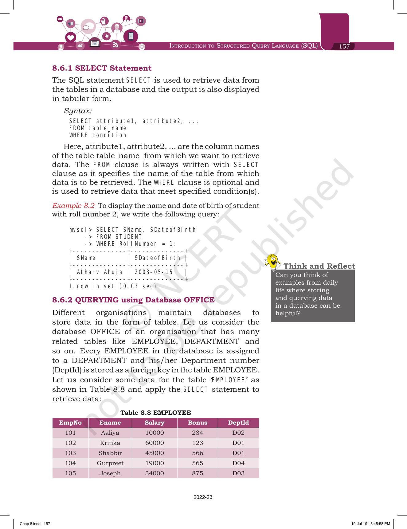 NCERT Book for Class 11 Informatics Practices Chapter 8 Introduction to Structured Query Language (SQL) - Page 15