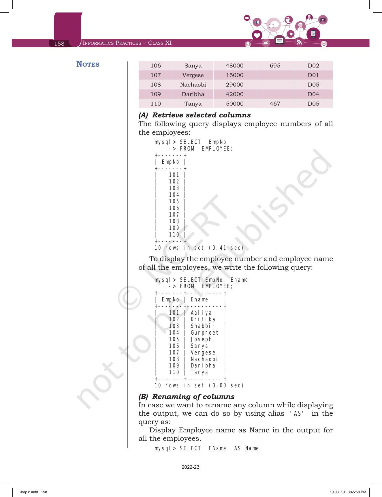 NCERT Book for Class 11 Informatics Practices Chapter 8 Introduction to Structured Query Language (SQL) - Page 16