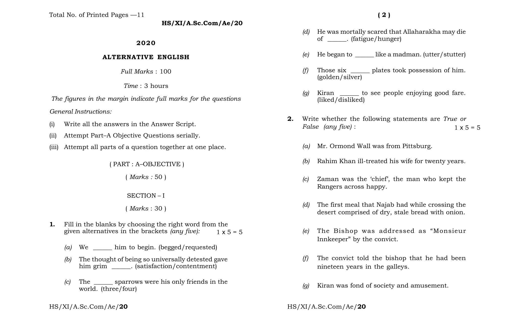 Meghalaya Board (MBOSE) Class 11 Alternative English 2020 Question Paper - Page 1