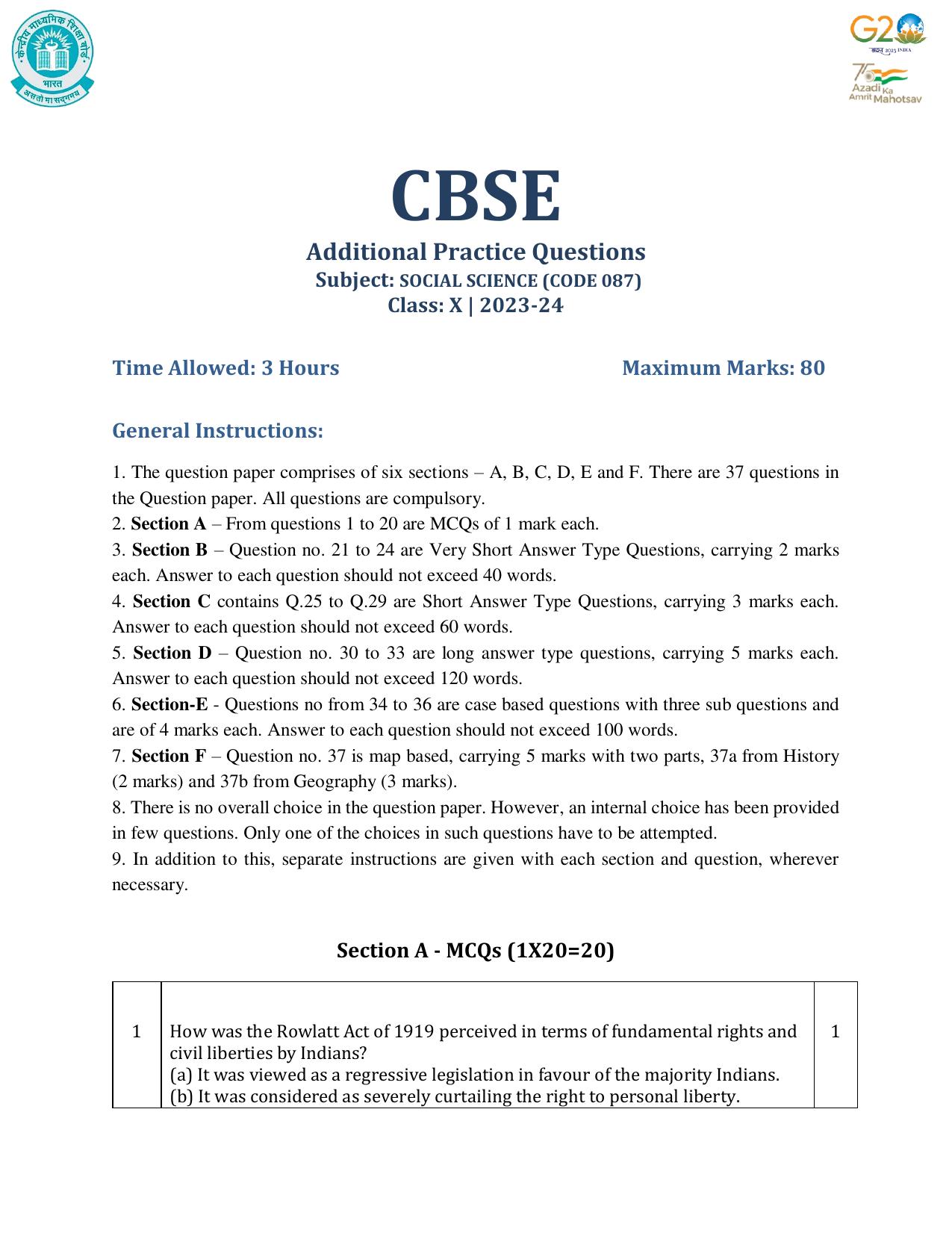 CBSE Class 10 Social Science Set 1 Practice Questions 2023-24 - Page 1