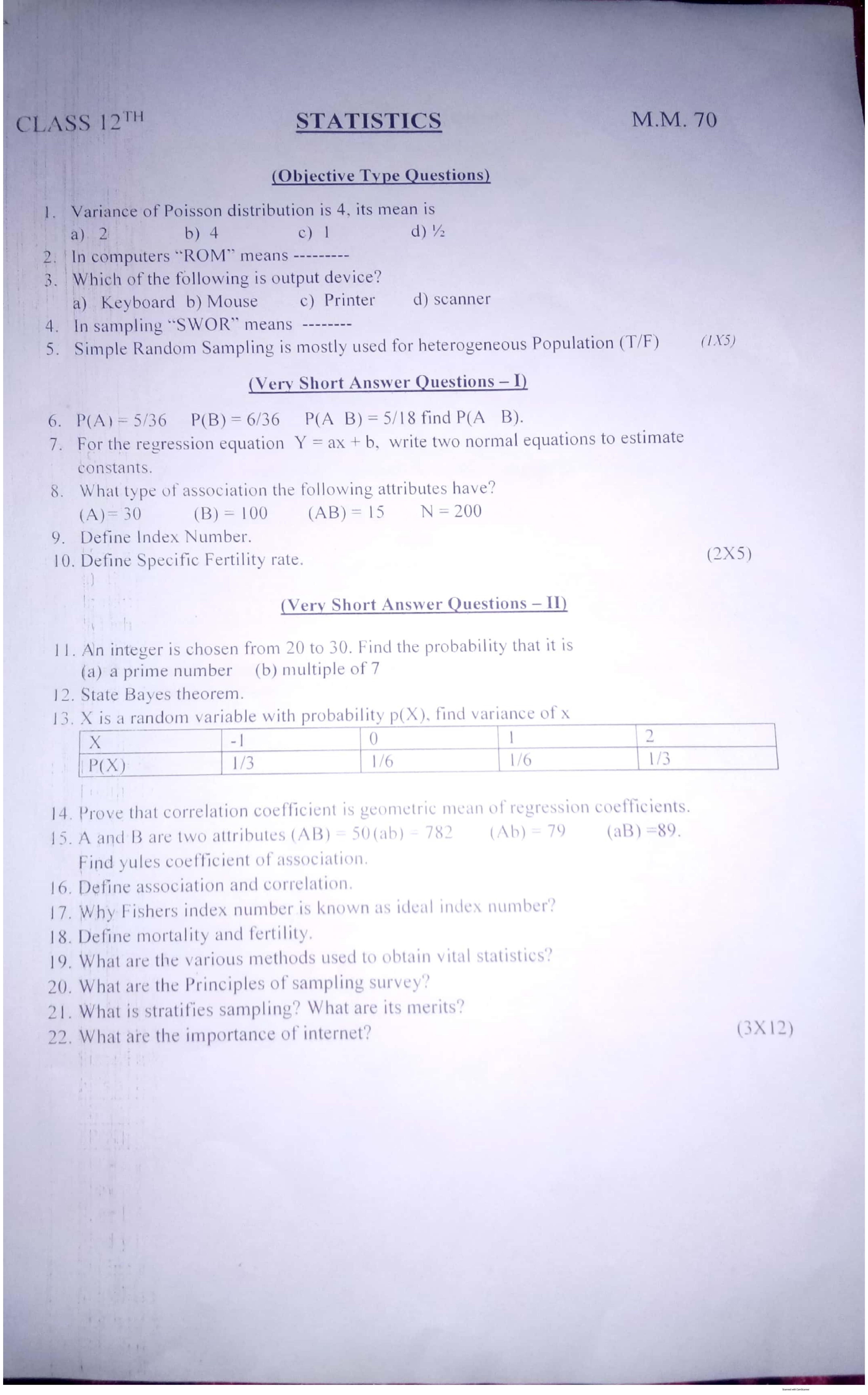 JKBOSE Class 12 Statistics Model Question Paper 2023 - Page 1