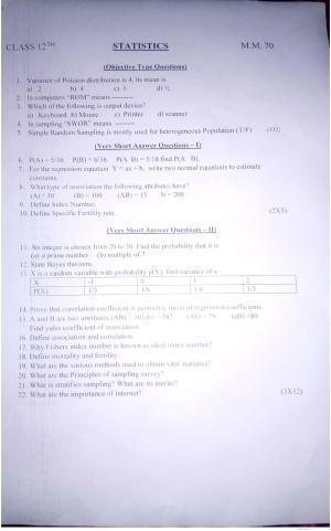 JKBOSE Class 12 Statistics Model Question Paper 2023