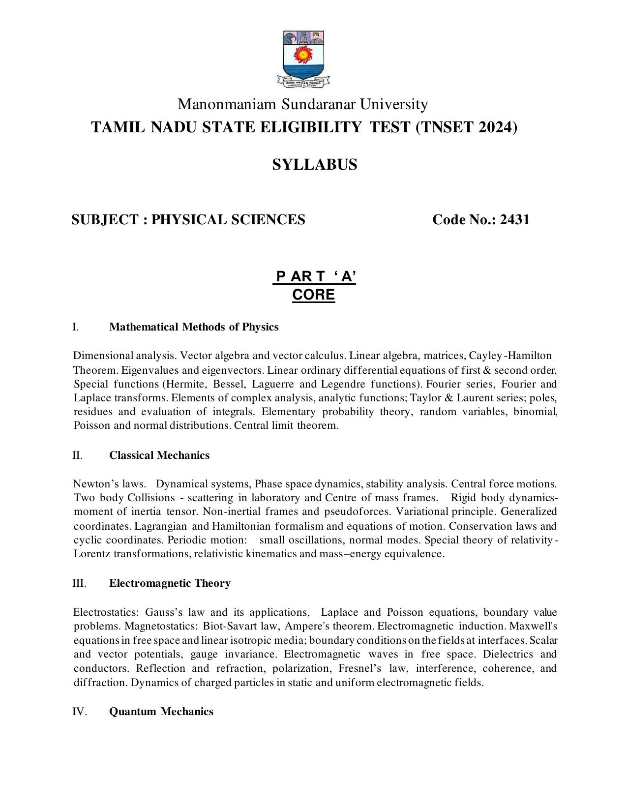 TNSET Syllabus - Physical Sciences - Page 1