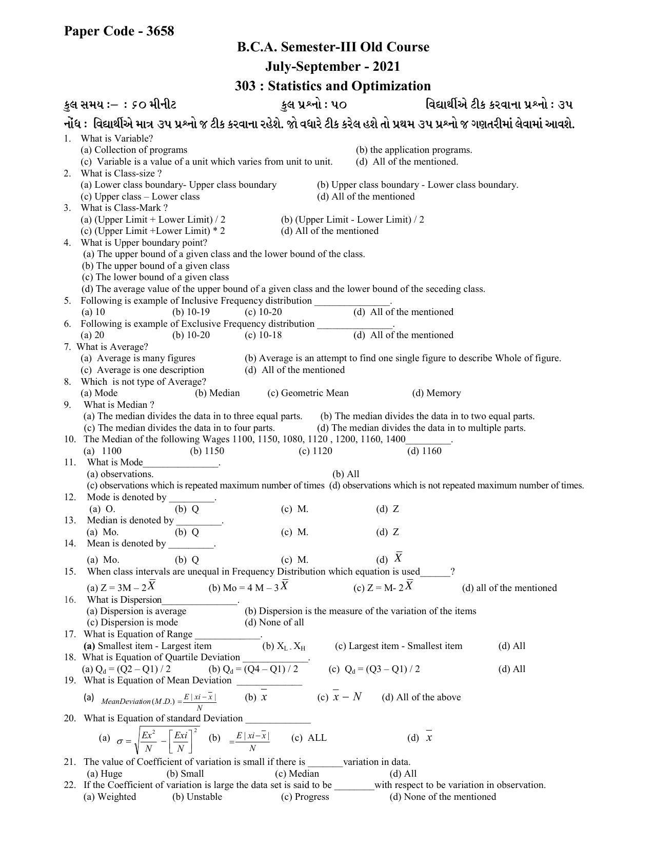 Hemchand North Gujarat University Sample Paper July-Sept 2021: B.C.A. Semester-III - 303 : Statistics and Optimisation  Paper Code - 3658 (Old Course) - Page 1