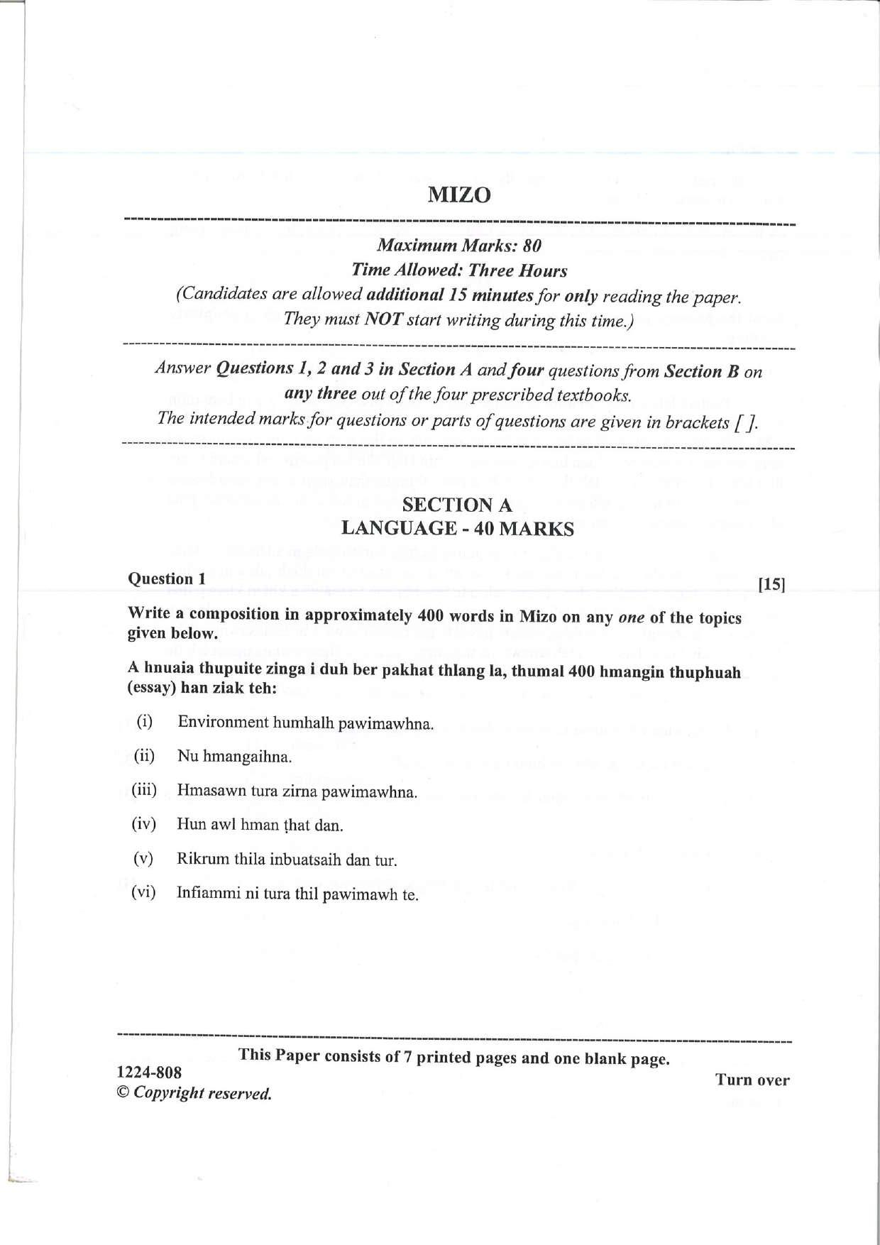 ISC Class 12 Mizo 2024 Question Paper - Page 1