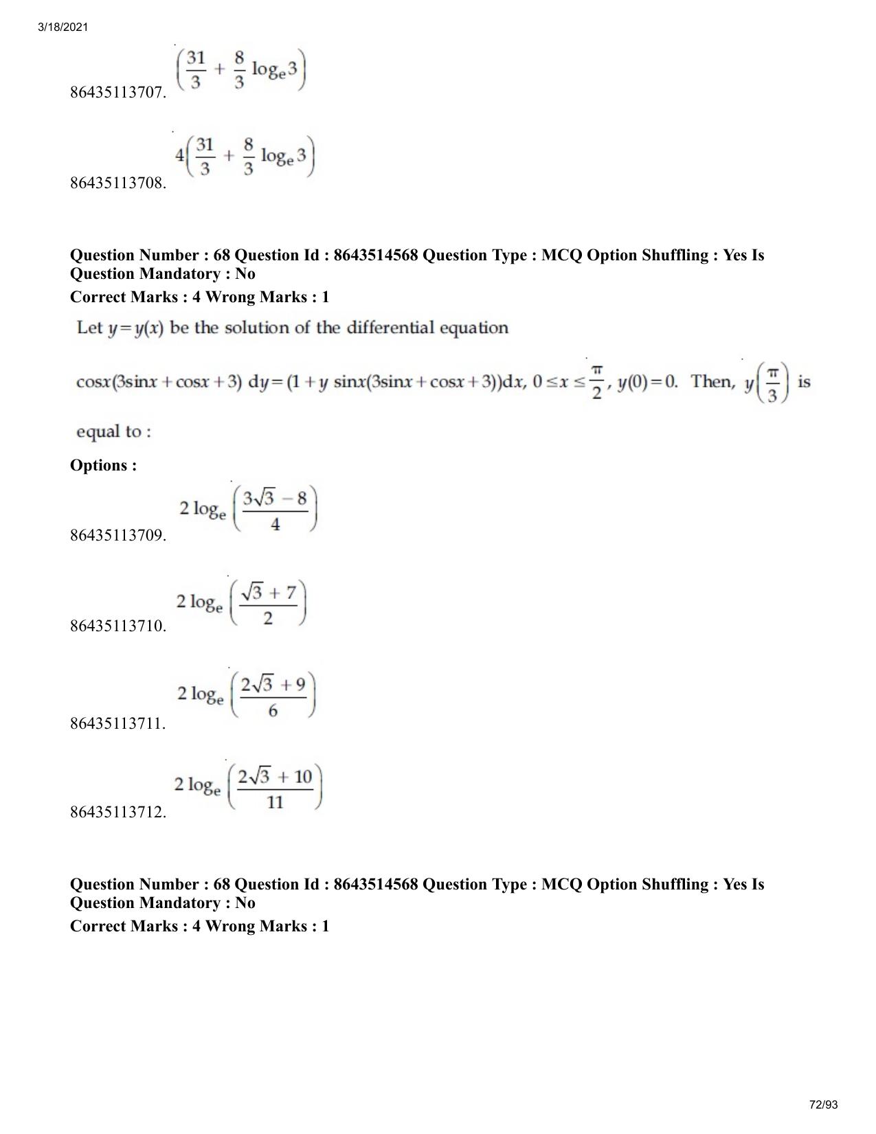 JEE Mains 2021: BTech ET (Shift 2) 17-03-2021 Question Paper - Page 72