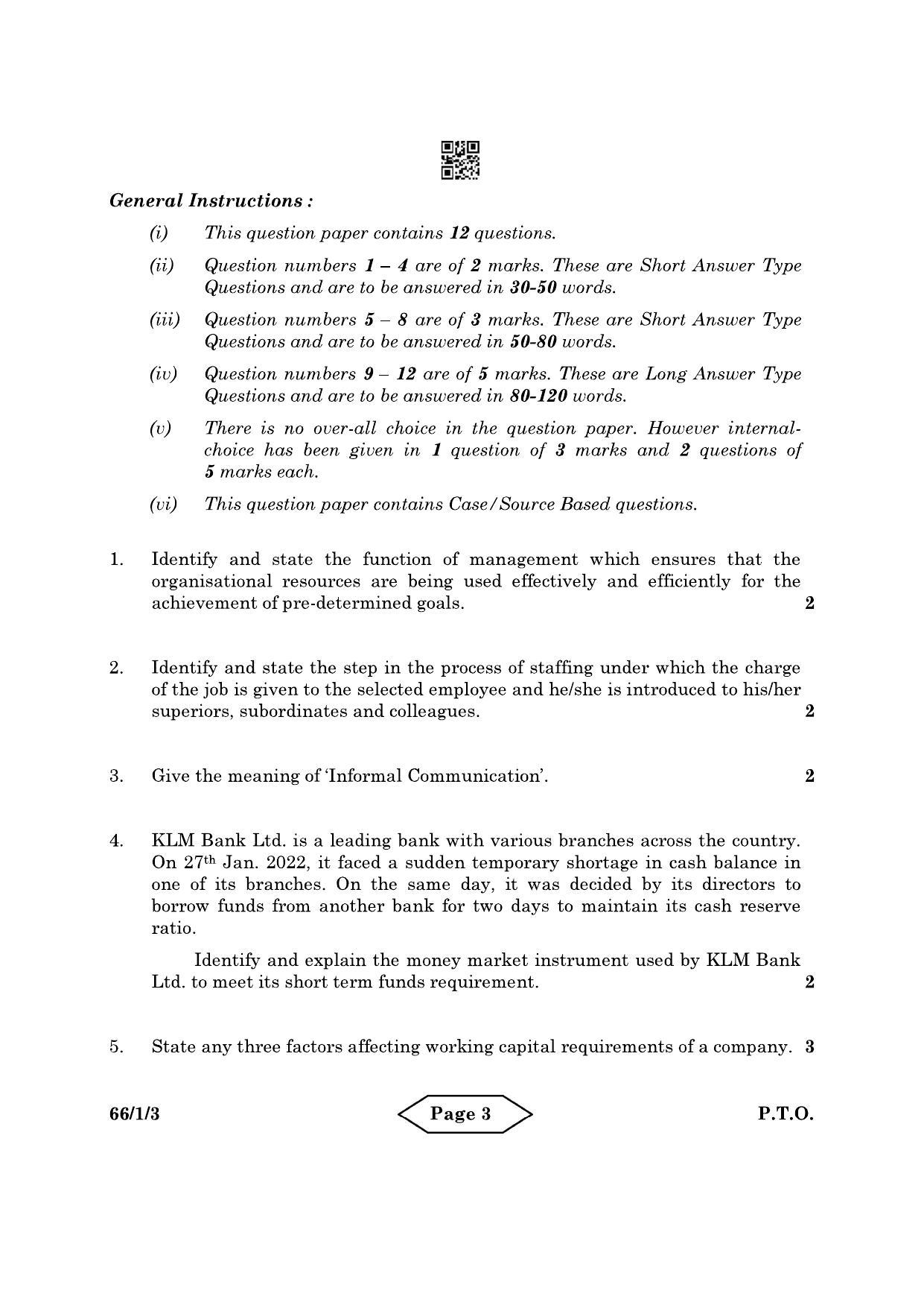 CBSE Class 12 66-1-3 Business Studies 2022 Question Paper - Page 3