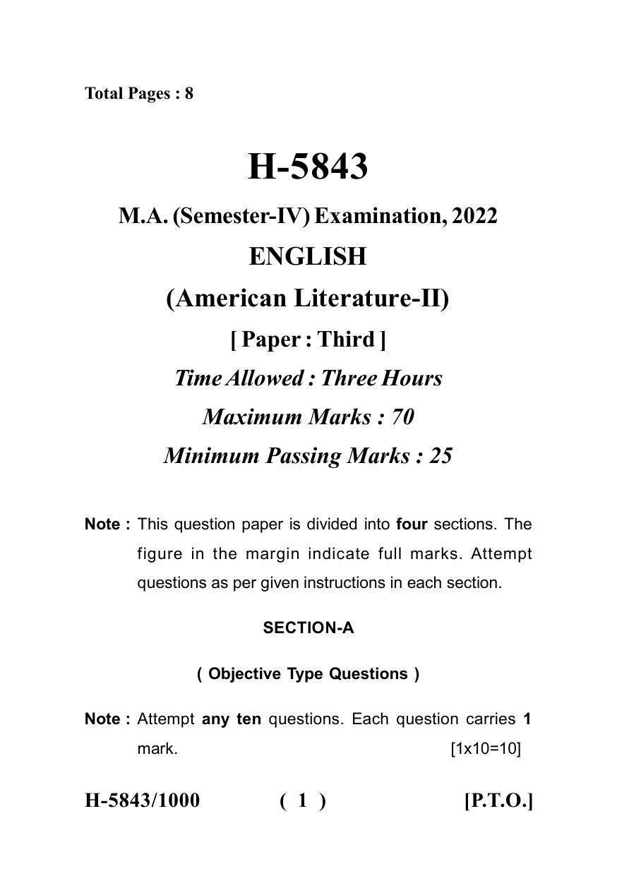 Sarguja University Question Paper July-2022 : M.A.In English(Fourth sem.) American Literature-II Paper 1 - Page 1