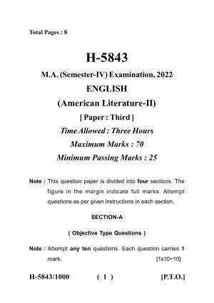 Sarguja University Question Paper July-2022 :  M.A.In English(Fourth sem.) American Literature-II Paper 1