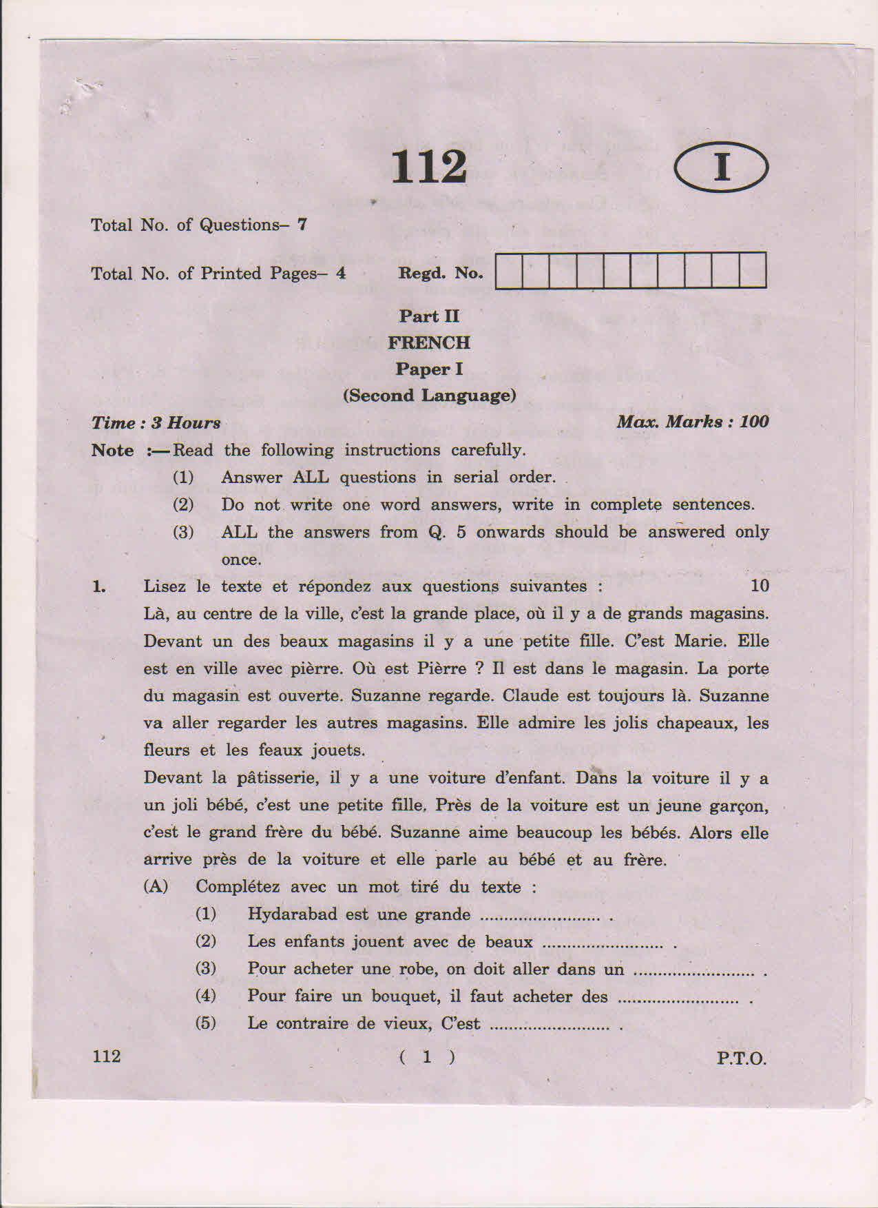 AP Inter 1st Year French-I May-2018 (General) Question Paper - Page 1