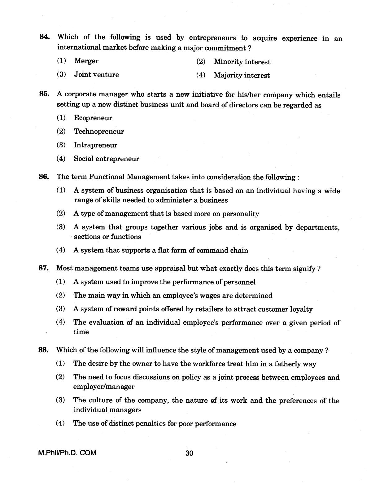 IGNOU PhD Entrance Test M.Phil/Ph.D (Commerce) 2018 Question Paper - Page 30