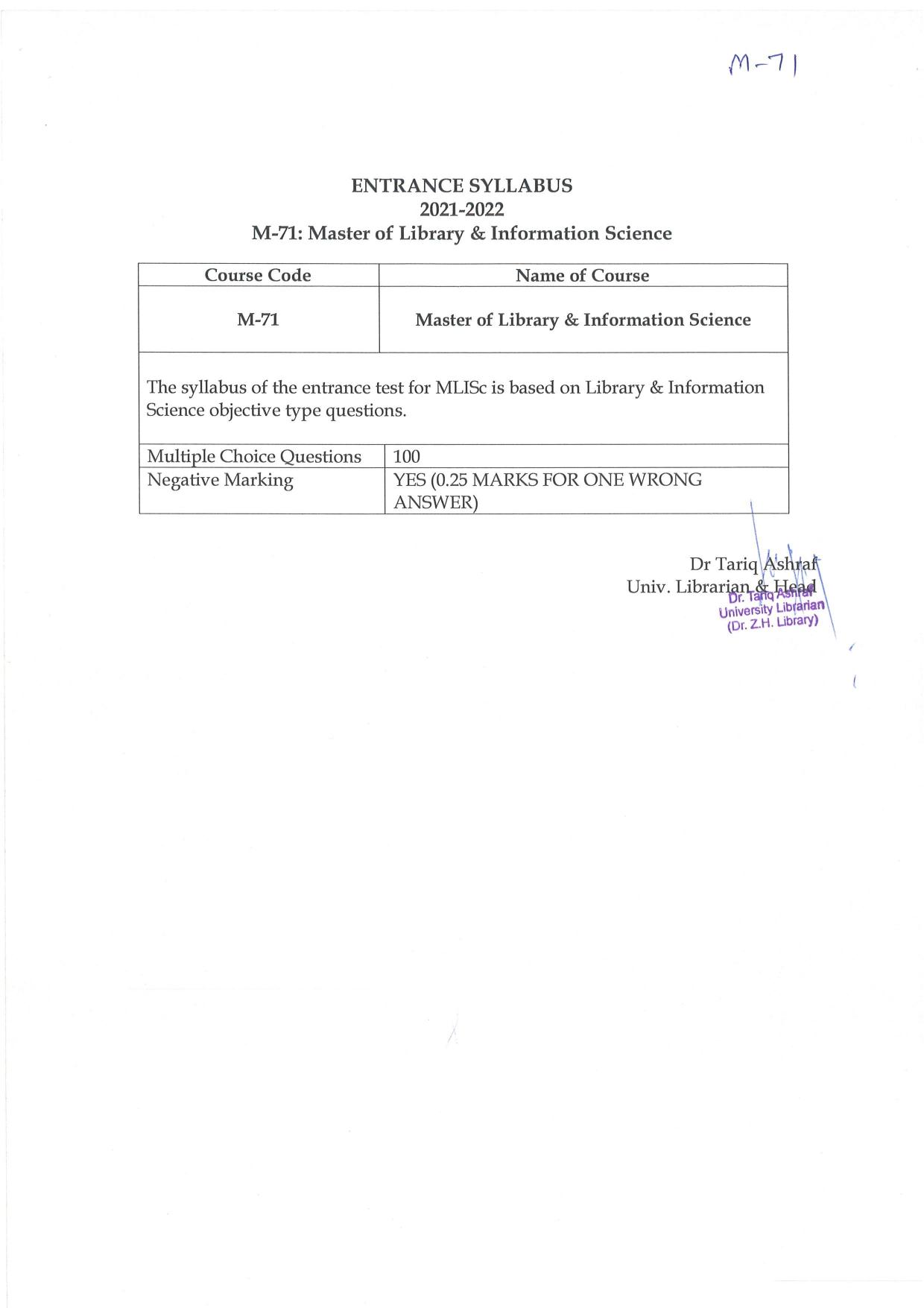 JMI Entrance Exam M71-Master in Library & Information Science (Self Financed) Syllabus - Page 1