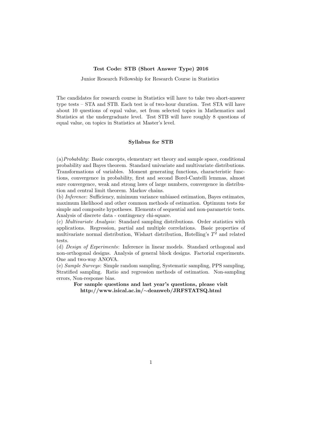 ISI Admission Test JRF in Statistics STB 2016 Sample Paper - Page 1