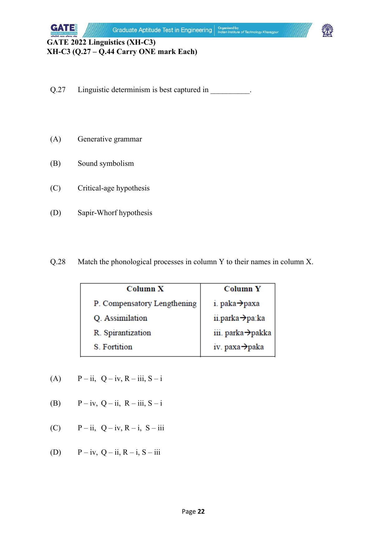 GATE 2022 Humanities & Social Sciences - Linguistics (XH-C3) Question Paper - Page 22