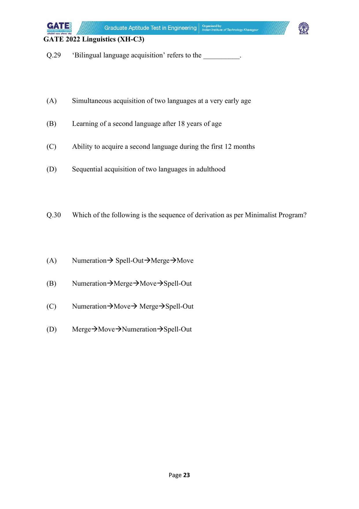 GATE 2022 Humanities & Social Sciences - Linguistics (XH-C3) Question Paper - Page 23