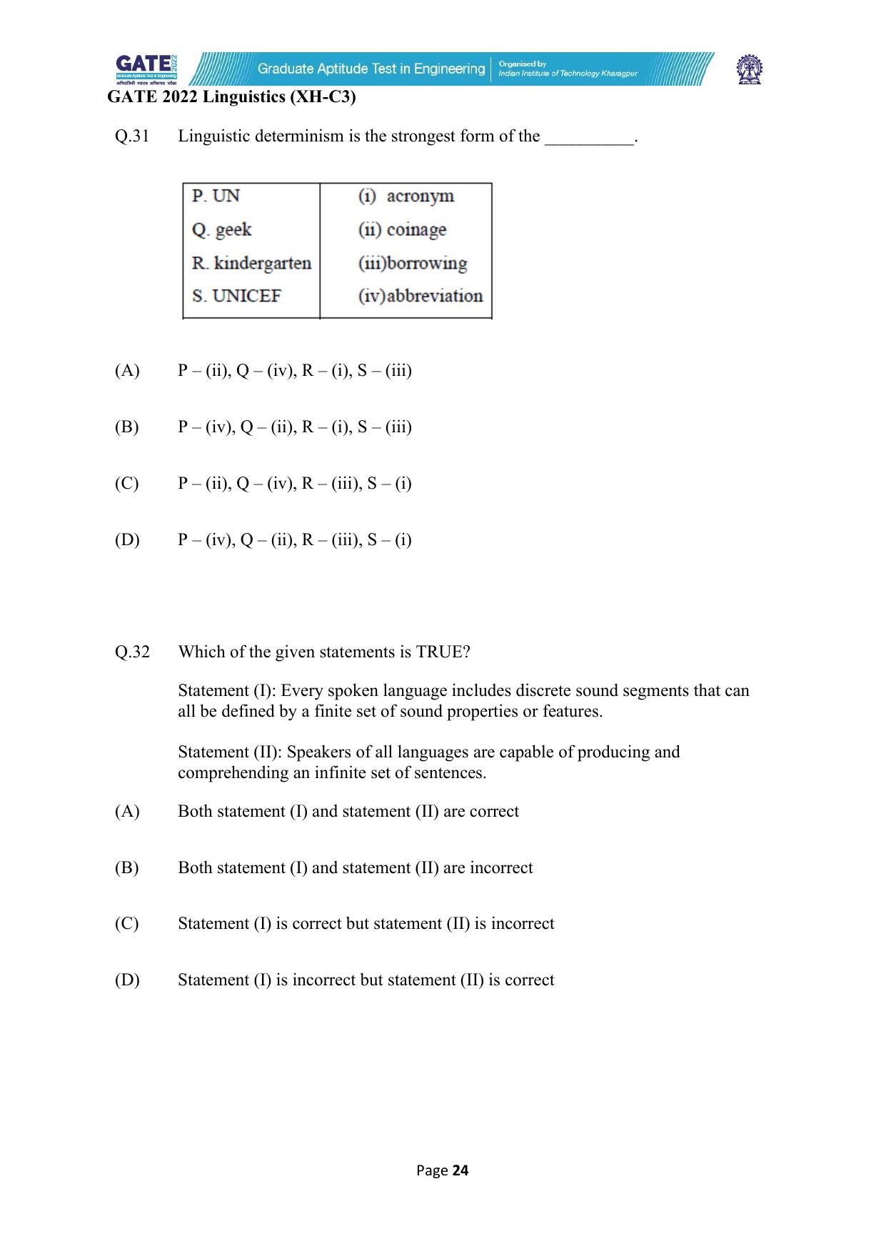 GATE 2022 Humanities & Social Sciences - Linguistics (XH-C3) Question Paper - Page 24