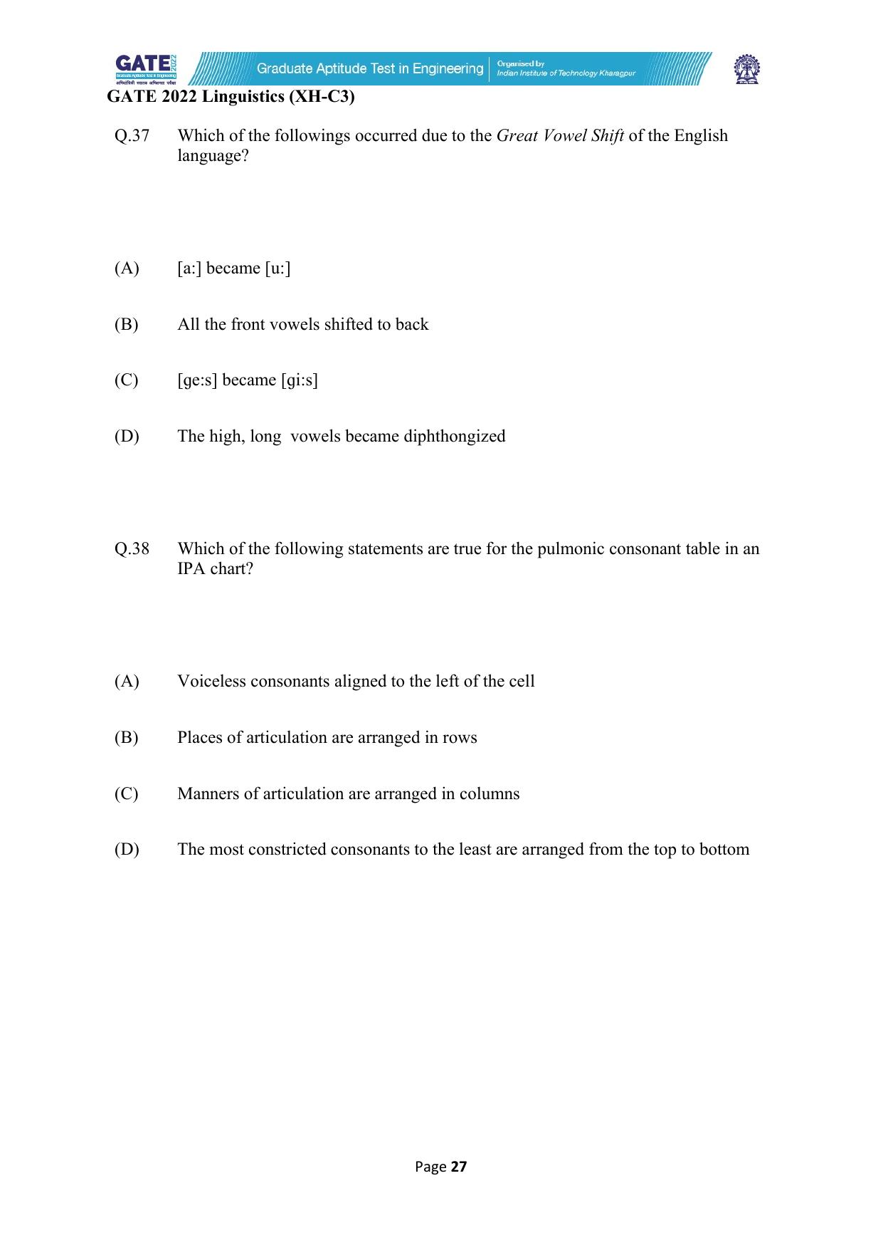 GATE 2022 Humanities & Social Sciences - Linguistics (XH-C3) Question Paper - Page 27