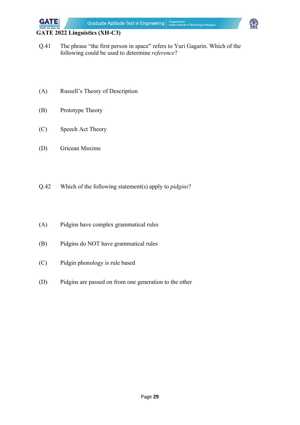 GATE 2022 Humanities & Social Sciences - Linguistics (XH-C3) Question Paper - Page 29