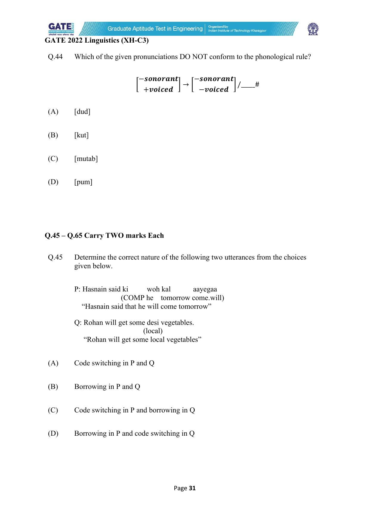 GATE 2022 Humanities & Social Sciences - Linguistics (XH-C3) Question Paper - Page 31