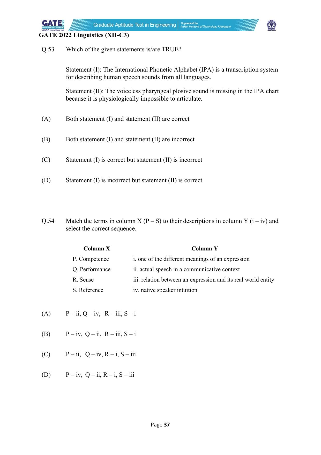 GATE 2022 Humanities & Social Sciences - Linguistics (XH-C3) Question Paper - Page 37