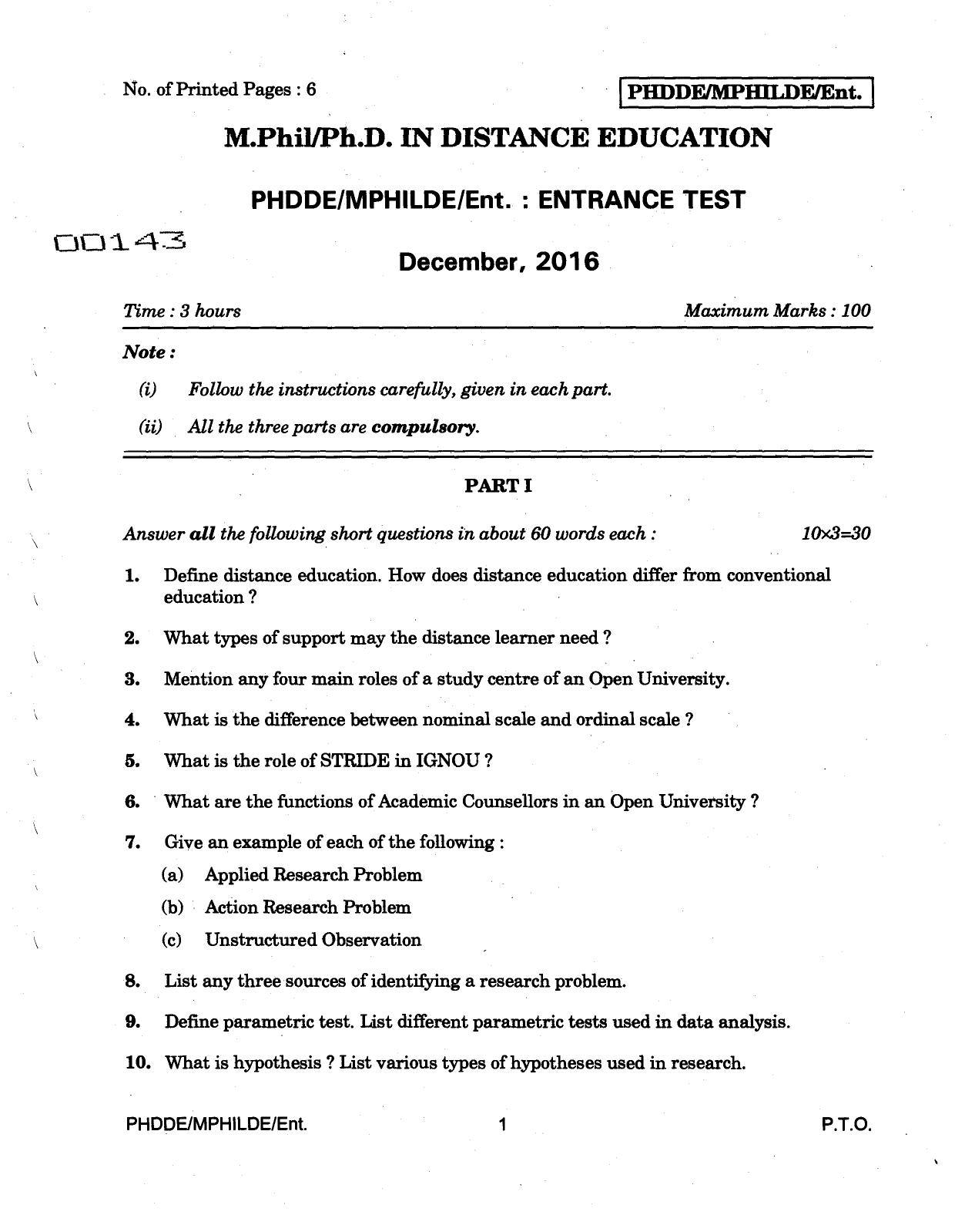 IGNOU PhD Entrance Test M.Phil/Ph D In Distance Education 2016 Question Paper - Page 1