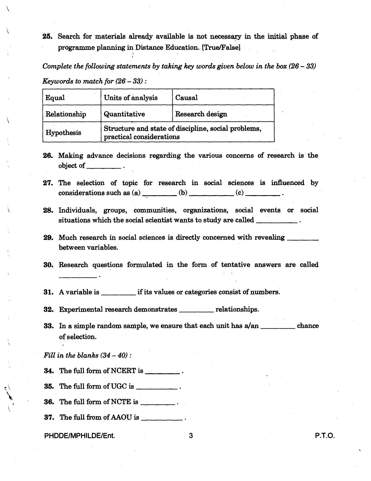 IGNOU PhD Entrance Test M.Phil/Ph D In Distance Education 2016 Question Paper - Page 3