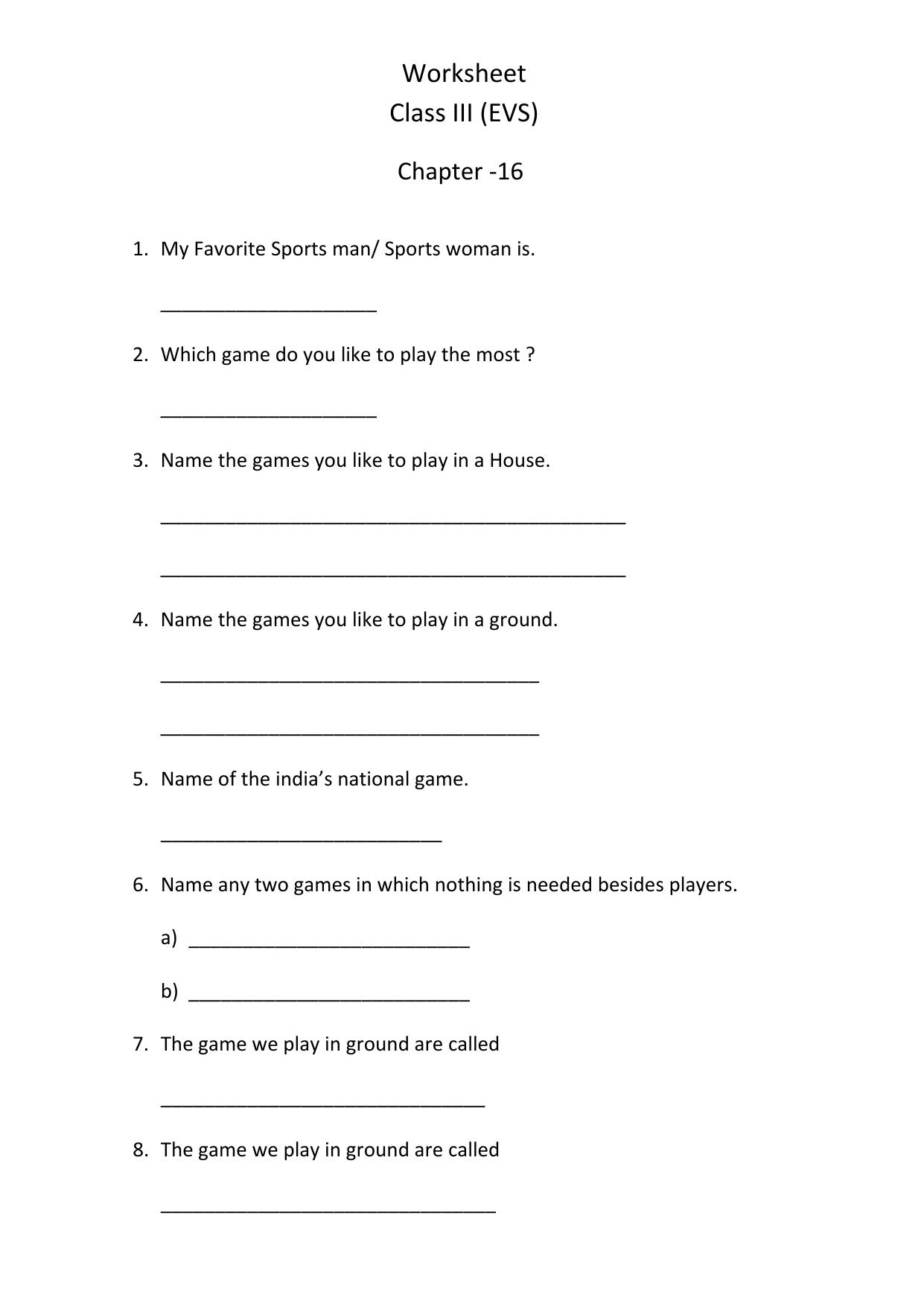 Worksheet for Class 3 EVS Assignment 90 Chapter -16 - Page 1